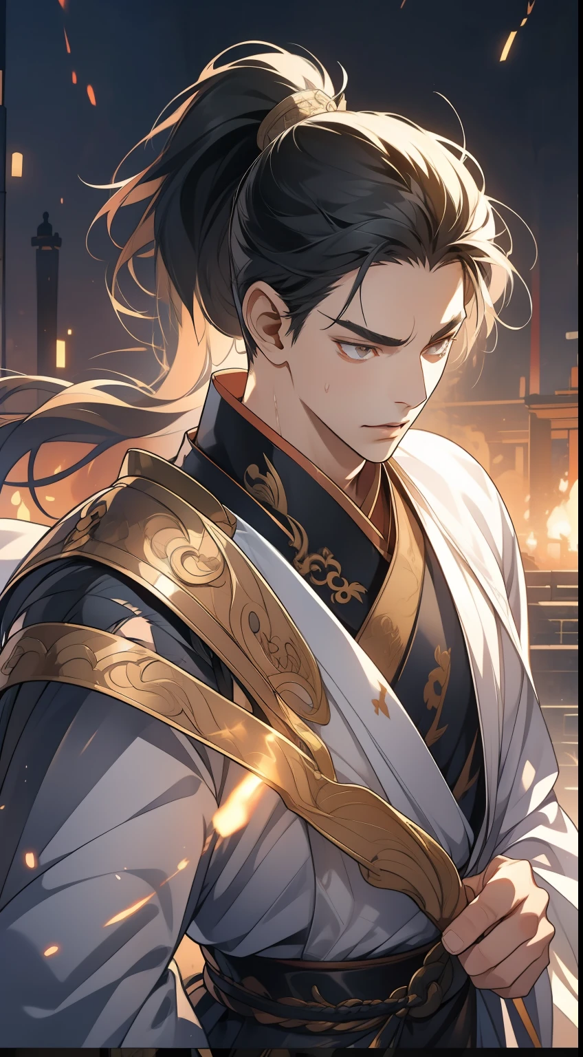 quadratic element,style of anime,mtu(Male Warrior),The proportions are correct,Face details,swordsmen,High ponytail hairstyle,Neck details,(Positive focus),(in the darkness nigth:1),(best qualtiy),(Fidelity:1),filmposter,realistic skin textures,highly detailed,8k wallpaper,Volumetriclighting,动态照明,A man,Long black ponytail hair,long white robe,white sash,A small amount of armor,Shoulder blades,Waist Guard,Hand Guard,Ancient Chinese wind,attack pose,blood stain,Broken clothes,Ancient Chinese Battlefield,Arrows fly,There is a lot of war,the night,Dramatic composition,Sword qi surrounding,The picture is rich in detail,karo,电影灯光,Clothing is complicated,Perfectcomposition,Refinement,high qulity,higher details,Lots of details,The background is complex,a sense of atmosphere,Game quality,Swordsmanship,Light and shadow tracking,Ray traching,detailed glow,cg render,hair detail,