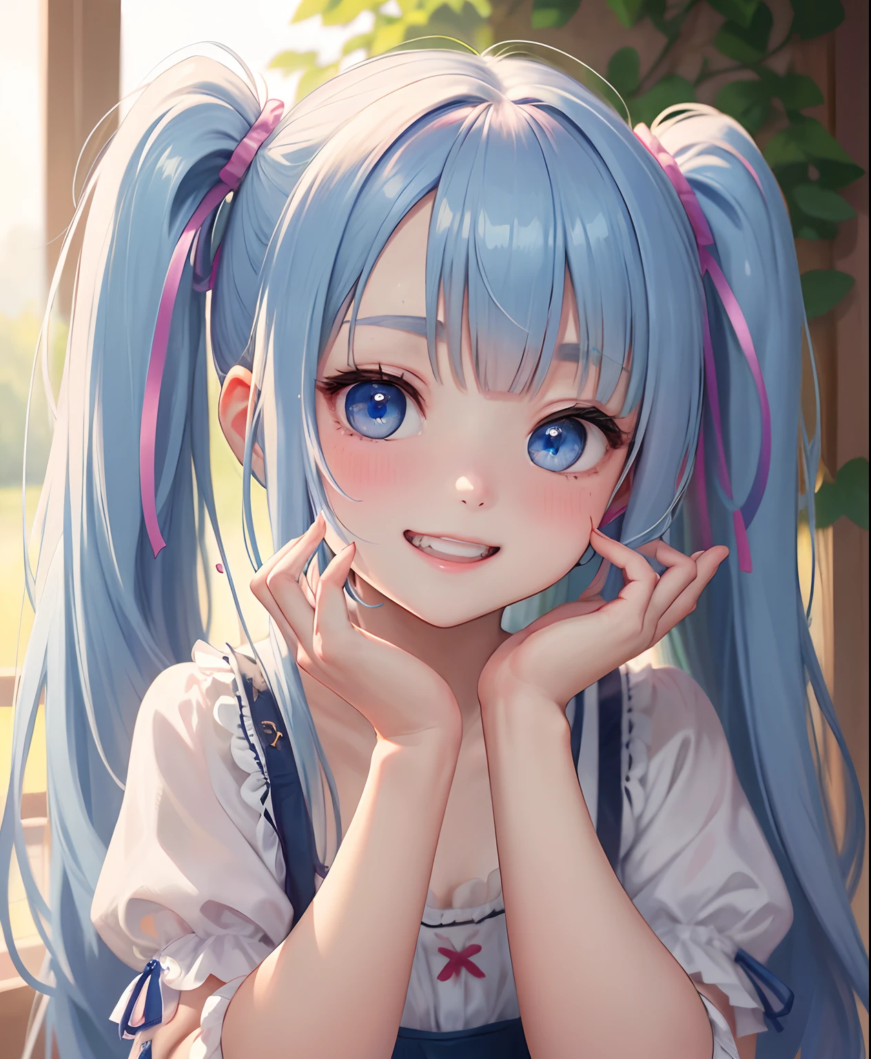​masterpiece:1.2、hightquality、top-quality、hight resolution、detaileds、A hyper-realistic、２０Beautiful woman of about her age、long hair with pink twin tails,,、Beautiful blue eyes、tilt of the head、morning glow、Green grass々Shigi々、birdie、rainbows、portlate、Lovely smile、showing teeth、(A detailed face)、((foco nítido))、((faces))、The upper part of the body_Body