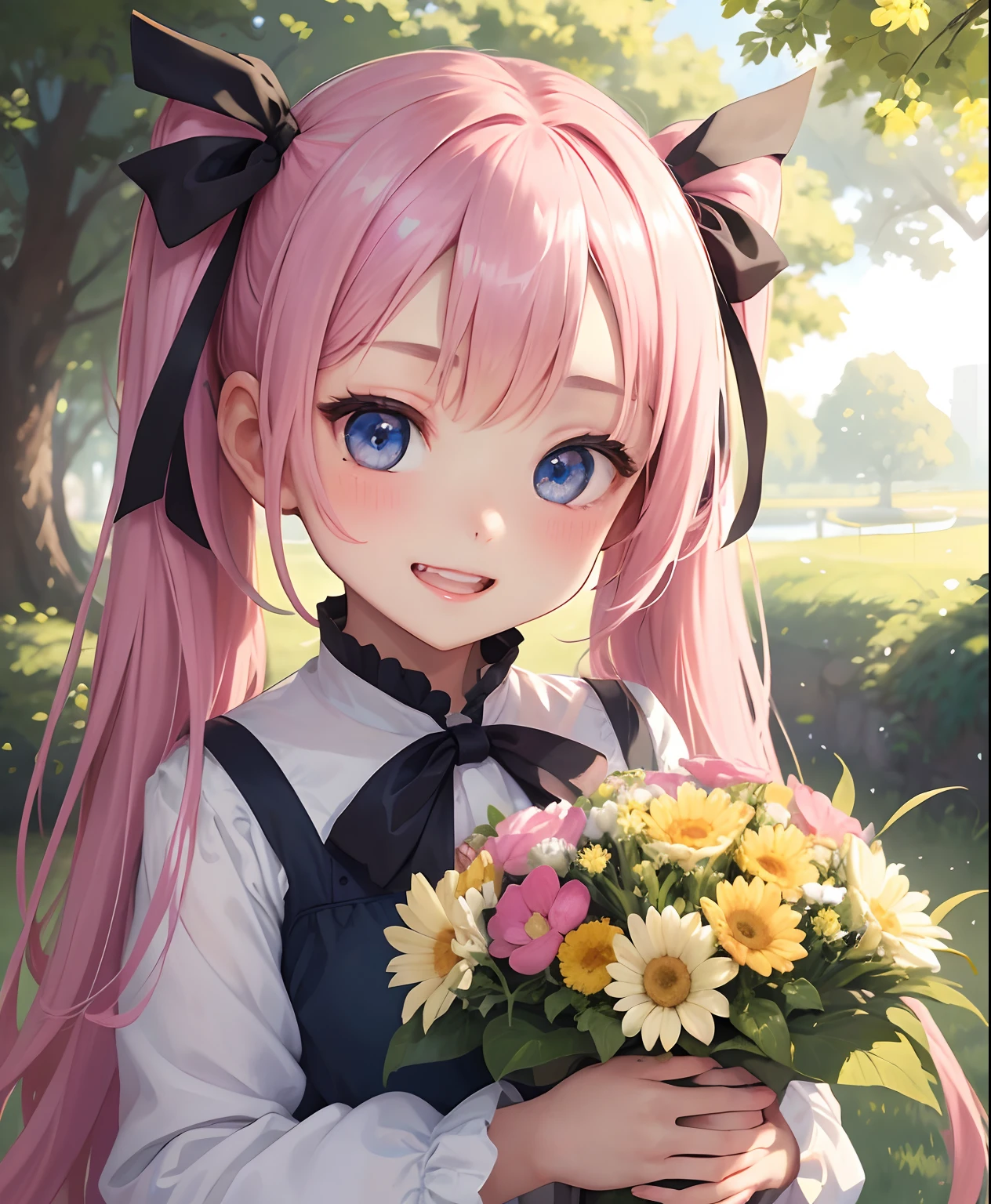 masterpiece:1.2、hightquality、top-quality、hight resolution、detaileds、A hyper-realistic、20Beautiful woman of about her age、long hair with pink twin tails,,、Beautiful blue eyes、tilt of the head、morning glow、Green grass々Shigi々、birdie、rainbows、portlate、Lovely smile、showing teeth、(A detailed face)、((foco nítido))、((faces))、The upper part of the body_Body