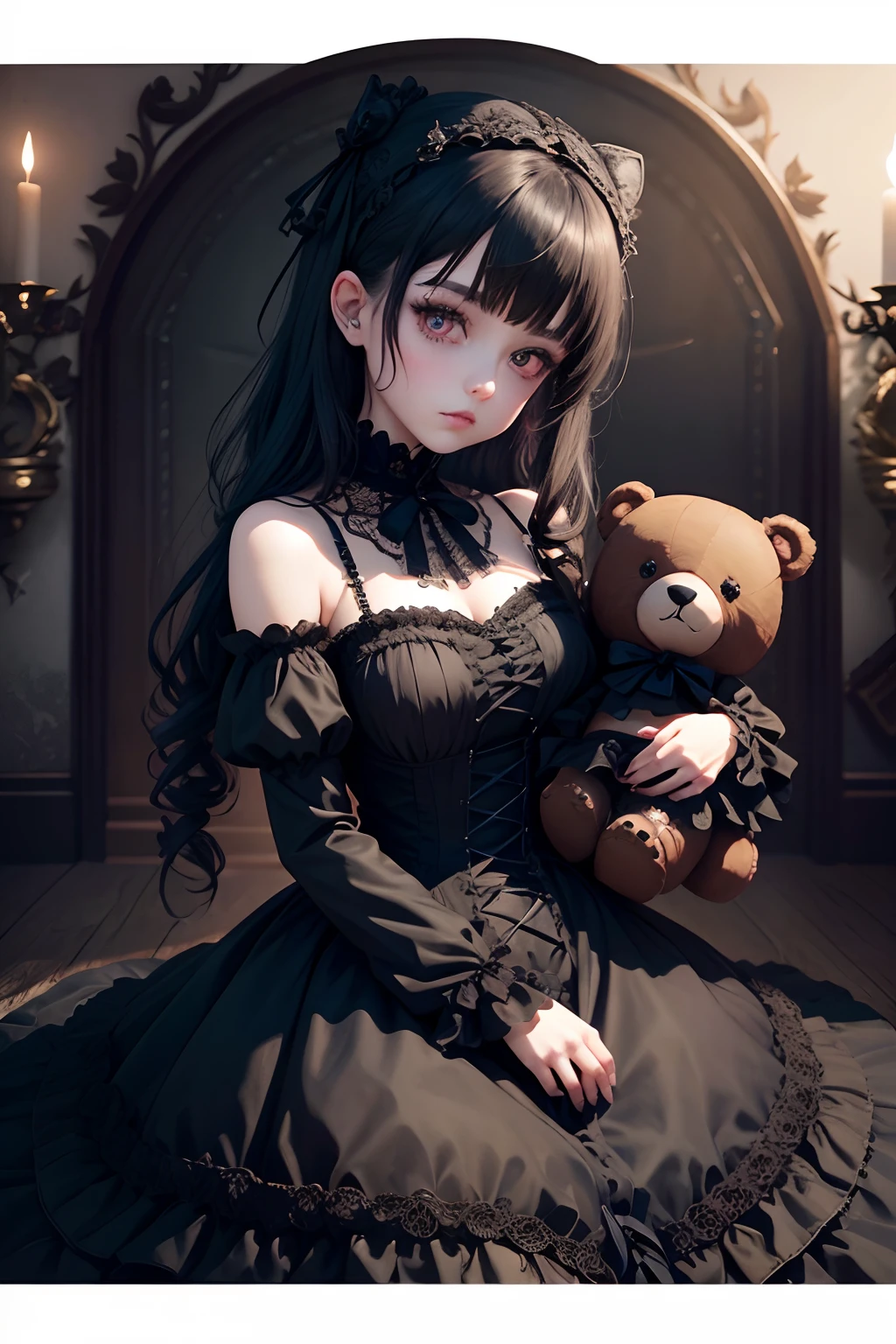 Close up of gothic girl with stuffed brown bear, Mother-in-law and stuffed bear, Deformed, dreamy gothic girl, Gothic girl dress with ribbon, Lace, Embroidery and frills, Gothic girl with golden eyes, deadpan, Ball Joint Doll, gothgirl, Dark and Gothic,. Gothic Maiden anime girl, gothic aesthetic, gothic art style, Shy cute face. Dark Fantasy, Neogos, gothic horror vibes, Spooky cute, dollpunk, Gothic body! , Gothic art, gothic girl face ((masutepiece))
, ((8K images)), ((Ultra-detailed writing))