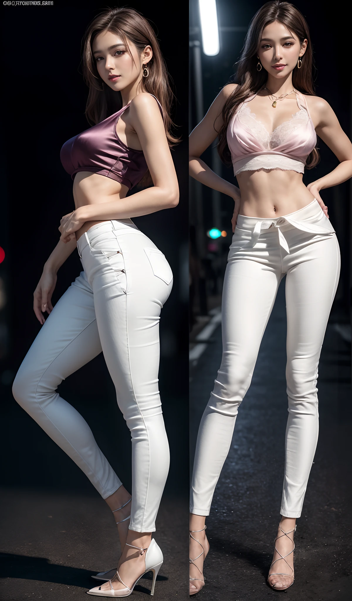 8K, Masterpiece, RAW photo, Best quality, Photorealistic, Extremely detailed CG unified 8K wallpapers, Depth of field, Cinematic light, Lens flare, Ray tracing, (Extremely beautiful face, Beautiful lips, Beautiful eyes), intricate detail face, ((ultra detailed skin)) 1girll, In the dark, deepshadow, Pretty Korean girl, Kpop idol, 1 girl, (Very slim and slender muscular body:1.3), ((full bodyesbian)),((Long legs)), ((view the viewer)),(Big smile:1.3), (Tight lace-up blouse), (Pink shirt), (Sleeveless) , (Fashion night, Dark night, (neon lights sign), (Blurred background), Fashion Street Night),(No one is in the background:1.3), Beautiful earrings, bangle, necklace, Pantyhose, Clear eyes, (Pale skin), (Big eyes), Face forward, ((full body shot shot)), ((Silk white tight trousers:1.3)),(big assa),(brown hairs),((Skinny silk pants)),(big assa), (view the viewer:1.3) open breast, Very slim, Medium breasts, Turn Back, Back shot, , underwear