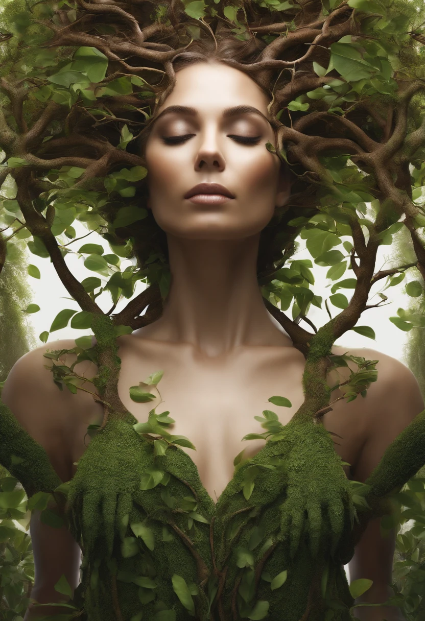 close up, Arbomorph A hug of woman face turn into a leafy tree, with roots as legs, branches like arms, some leaves fly on a white background,