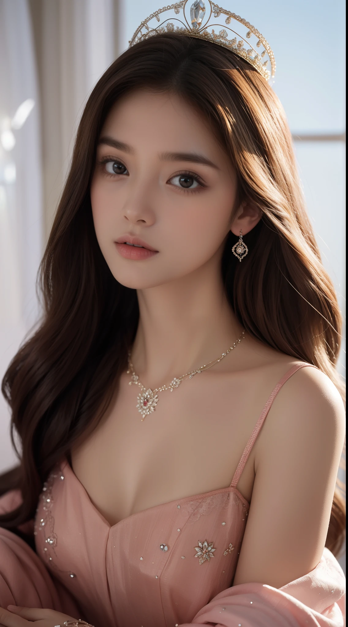 tmasterpiece，Highest high resolution，Soft lighting，1 beautiful noble maiden，Delicate coiled hair，curlies，Shining clear eyes，The hair is covered with beautiful and delicate floral jewelry craftsmanship, crystal、diamond jewelly，Ultra-detailed details，upscaled。Dreamy, Delicate, Gorgeous golden shell crown, Epic surrealism, The upper part of the body，Meticulous, extremely hyper aesthetic，upscaled