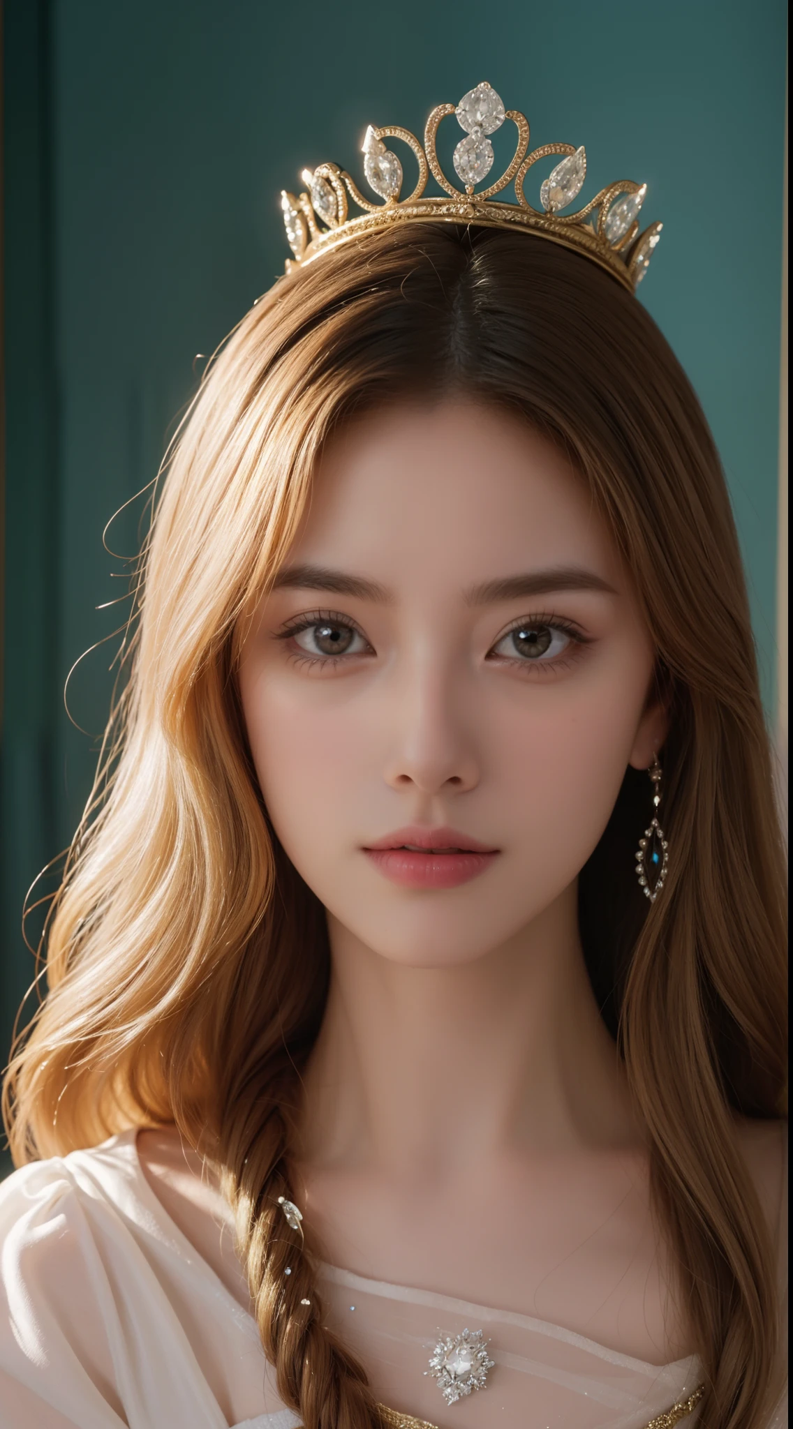 tmasterpiece,Highest high resolution,Soft lighting,1 beautiful noble maiden,Delicate coiled hair,curlies,Shining clear eyes,The hair is covered with beautiful and delicate floral jewelry craftsmanship, crystal、diamond jewelly,Ultra-detailed details,upscaled。Dreamy, Delicate, Gorgeous golden shell crown, Epic surrealism, The upper part of the body,Meticulous, extremely hyper aesthetic,upscaled