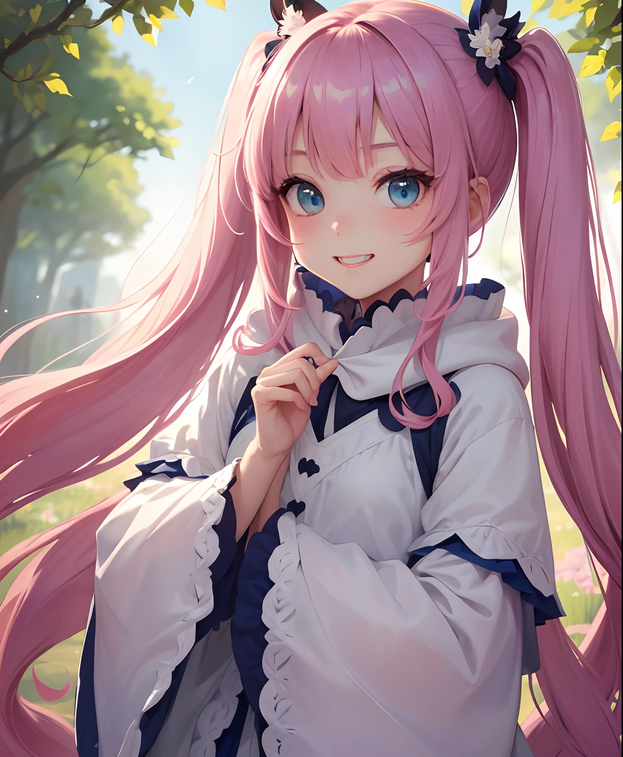 masterpiece:1.2、hightquality、top-quality、hight resolution、detaileds、A hyper-realistic、20Beautiful woman of about her age、long hair with pink twin tails,,、Beautiful blue eyes、tilt of the head、morning glow、Green grass々Shigi々、birdie、rainbows、portlate、Lovely smile、showing teeth、(A detailed face)、((foco nítido))、((faces))、The upper part of the body_Body