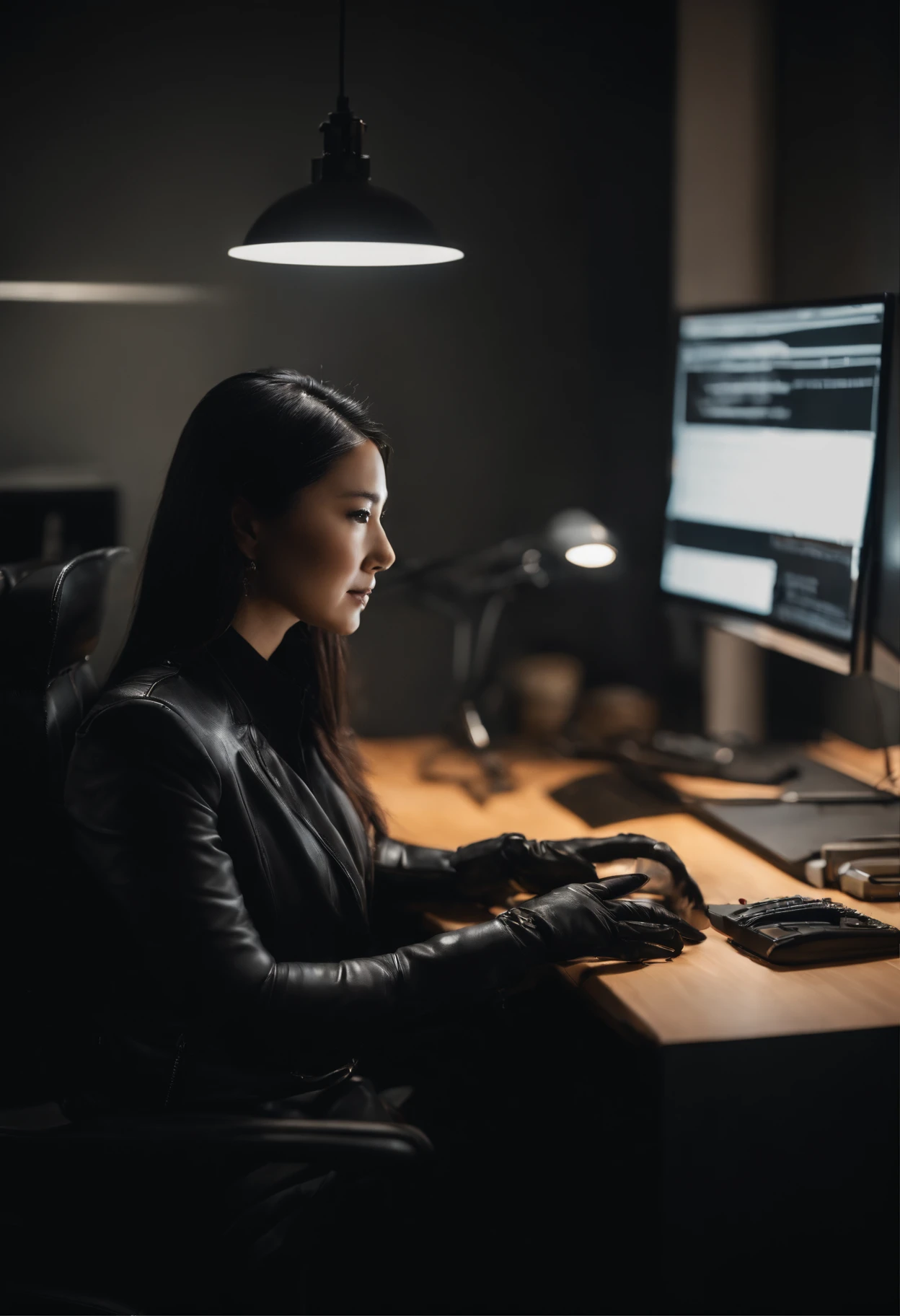 Wearing black leather gloves in both hands, upper body, black leather riders jacket, necklace on the chest, smiling at the desk in the modern study in the dark, long and straight black hair, young Japanese woman (black leather gloves covering both hands) with the fingers of black leather gloves, sitting on the chair, working on the computer, staring at the screen