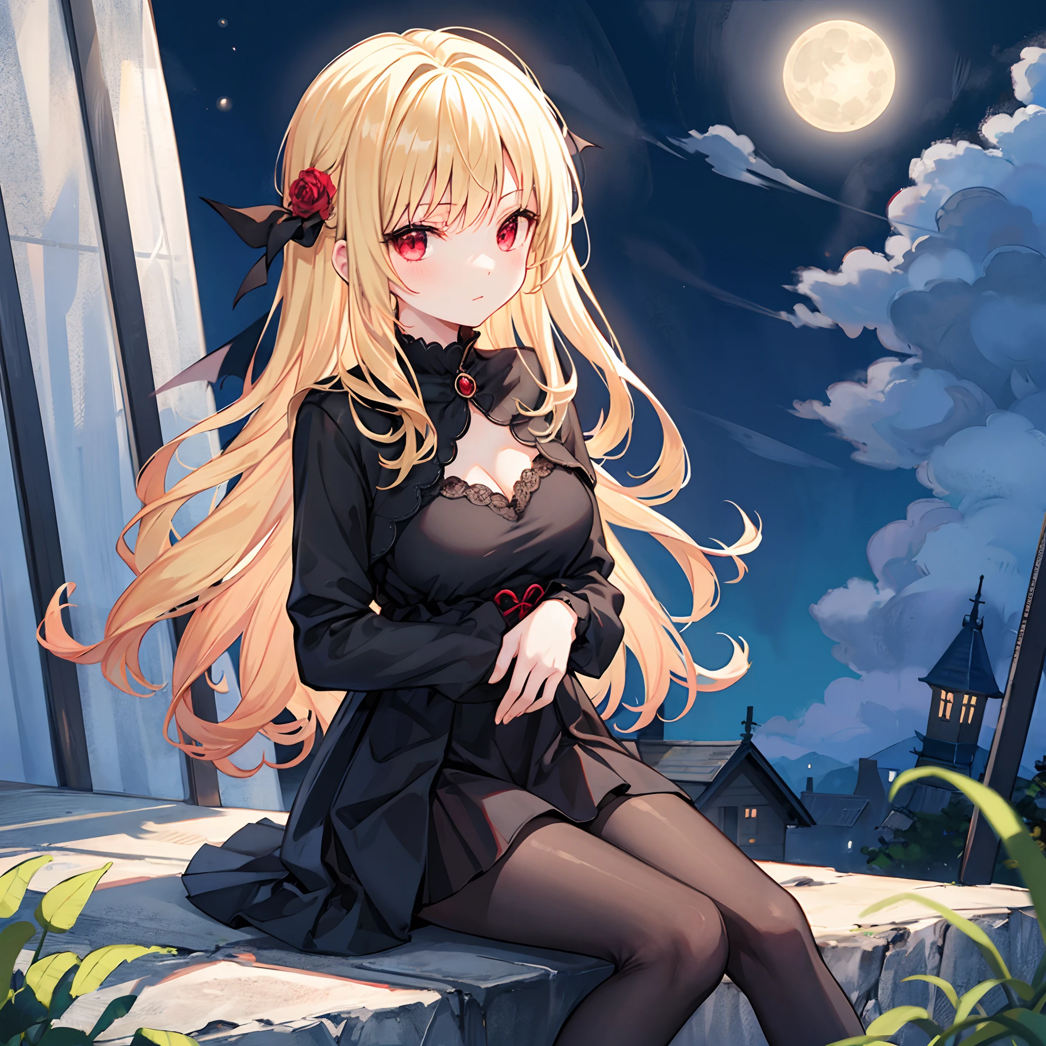 Anime girl sitting on a ledge with a full moon in the background ...