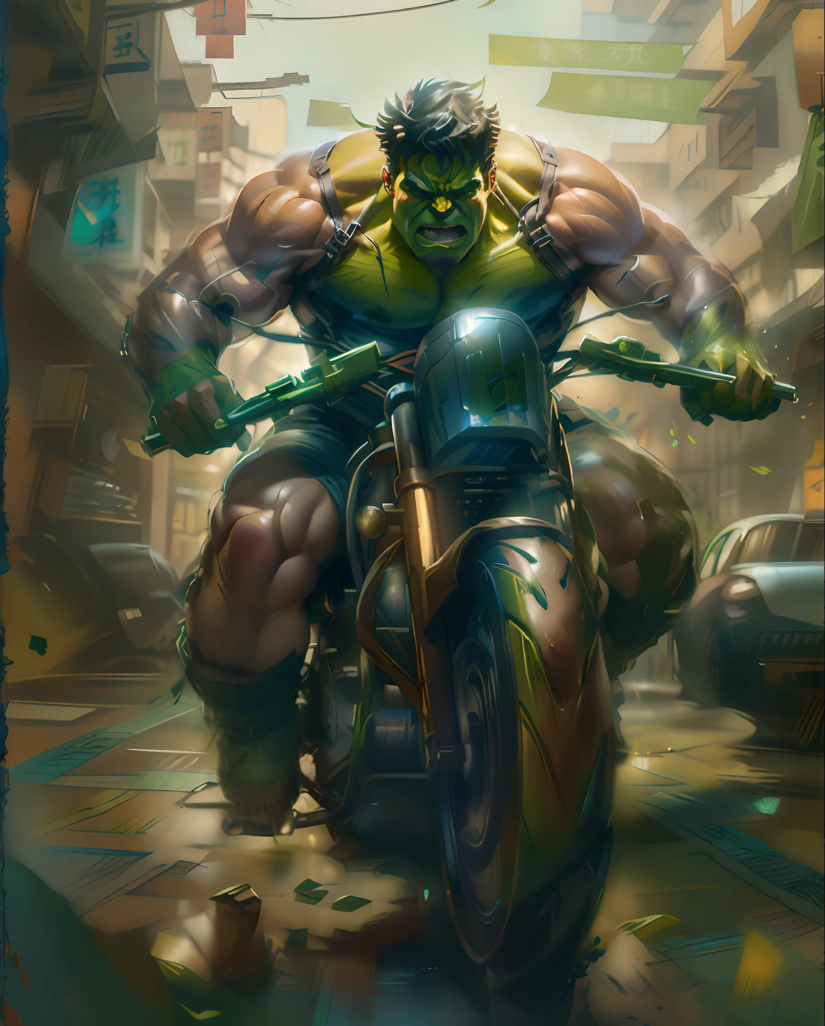 Hulk  musculoso pilotando uma BICICLETA STEAN PUNKAI na chuva em uma rua da cidade Ciber punk  CHINEZA, Wojtek FUS, O Hulk, Directed by: Rudy Siswanto, Arte conceitual da Marvel, Hulk, Retrato do Hulk, Incredible hulk, epic comic book art, Excessivo, Hulkish, inspirado em Rudy Siswanto, Directed by: Marek Okon, Arte Marvel, James Gurney Estilo de pintura ,128 mil