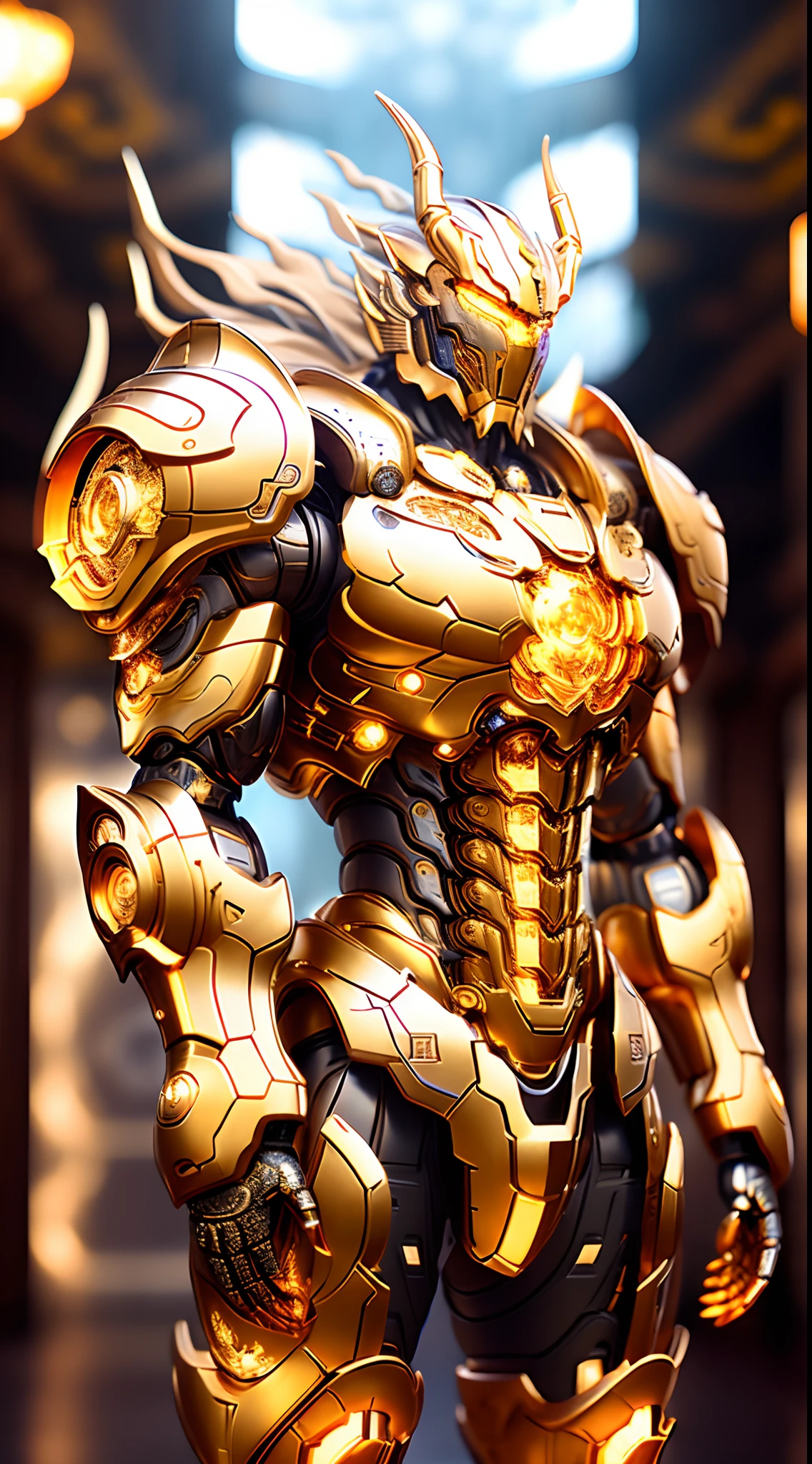 Golden Dragonoid - the futuristic biomechanical android, beautiful natural soft light, rim light, gold fractal details, metallic fine lace, muscular, mandelbot fractal anatomical, diamond, facial muscles, elegant, ultra detailed,