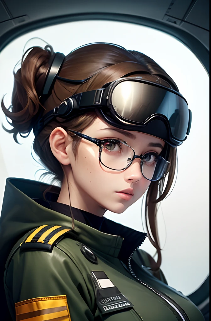 Woman in pilot uniform, Wearing very large futuristic VR goggles on your head、Female Inventor, the hair on the head is dark brown, The hair on the head is tied into one, Big eyes、eyes are light brown, Large black-rimmed glasses, Freckles on the cheeks, Please wear an army green color flight jacket , The skin color is tanned dark brown