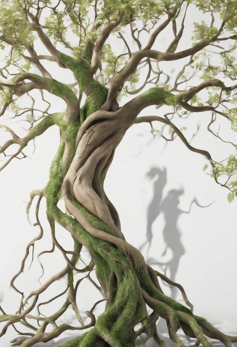 close up, Arbomorph A hug of woman face turn into a leafy tree, with roots as legs, branches like arms, some leaves fly on a white background,