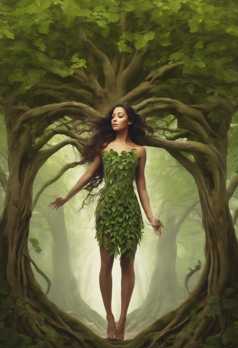 close up, Arbomorph A hug of woman face turn into a leafy tree, with roots as legs, branches like arms, some leaves fly on a white background,
