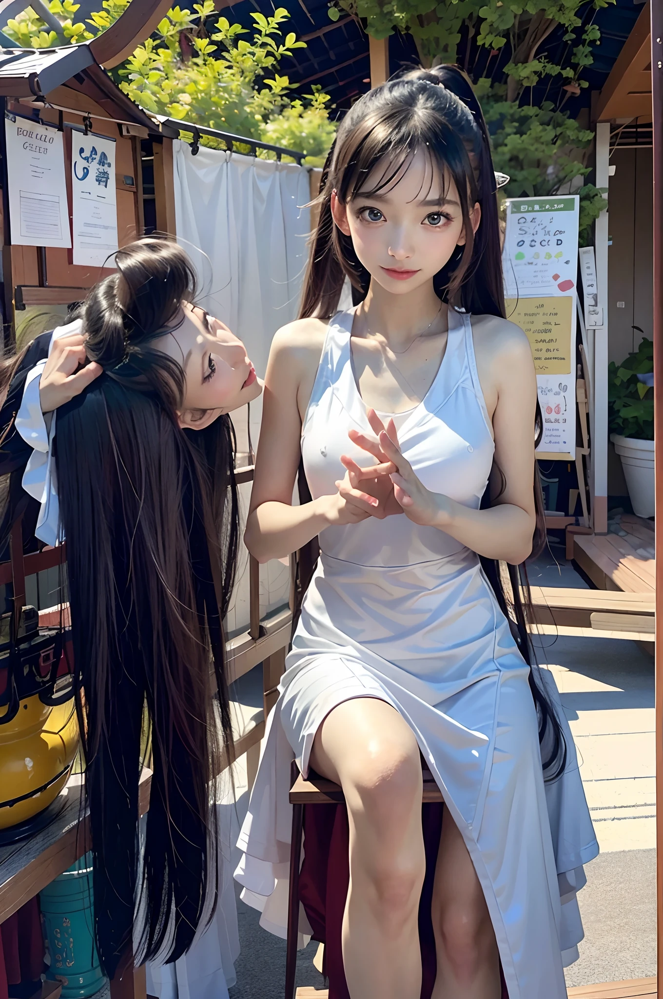 (Front Focus)、(ultra-detailliert、16 K、Raw photo: 1.6)、Portrait of a hyperrealist woman、Fantasia 、art by、photoRealstic、Dynamic lighting、Volume Lighting、extra detailed face、女の子1人、sixteen years old、(White ONE PIECE DRESS、Shoulder Navel exposure、Looking Back 1.5:)Yatai Village、Priest、natta
