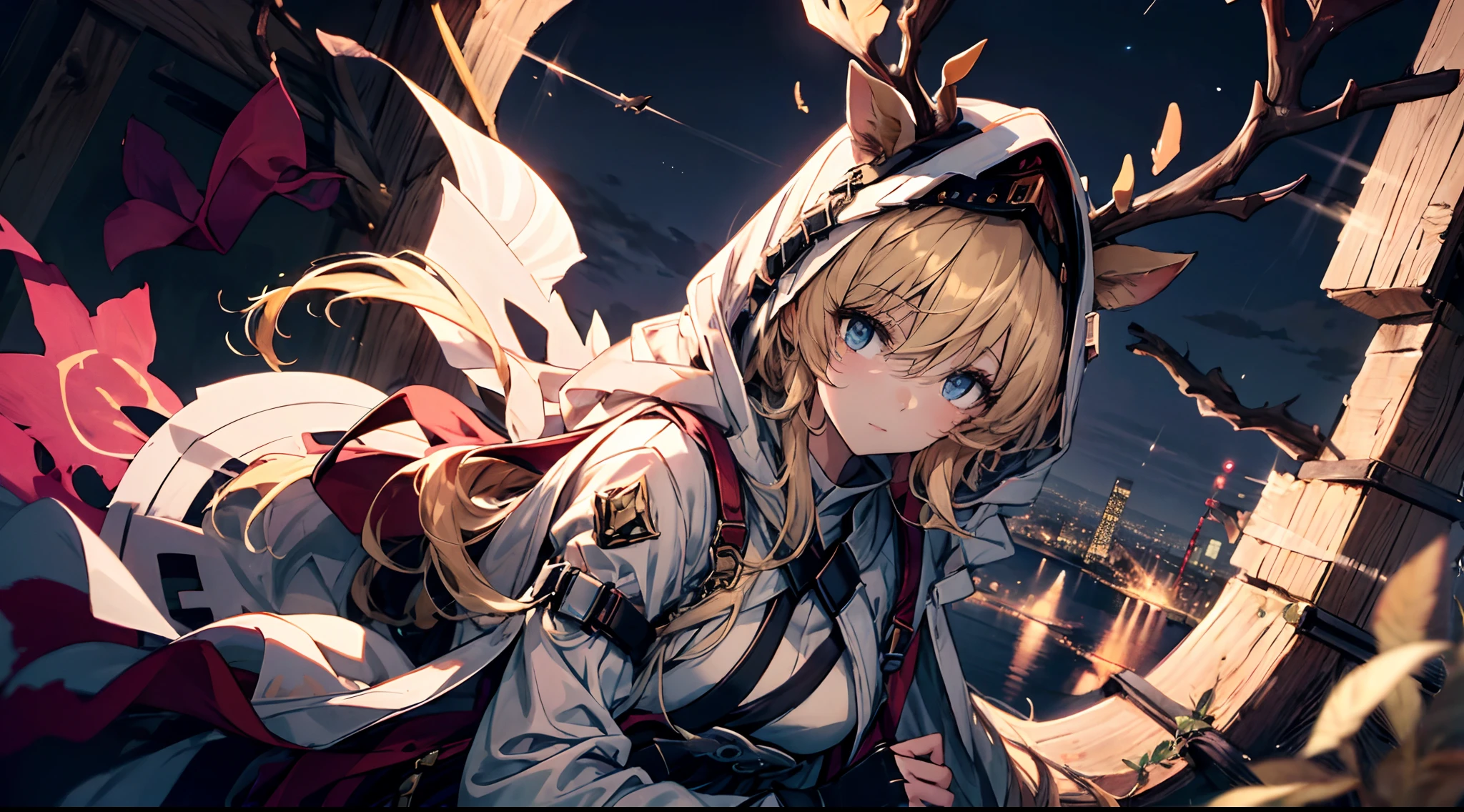 (Masterpiece), 1girll,Blue pupil, Extremely cute and cute, deep in the night, The wind is blowing, high view, Immerse yourself in the night, Float lightly above the sky.
