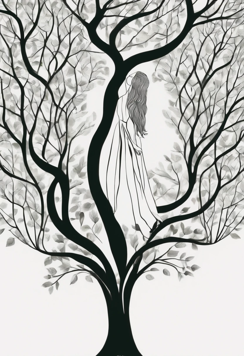 Close up, Tree shape The woman's hugging face turned into a leafy tree, Take the root as the leg, Branches like arms, Some leaves fly on a white background,