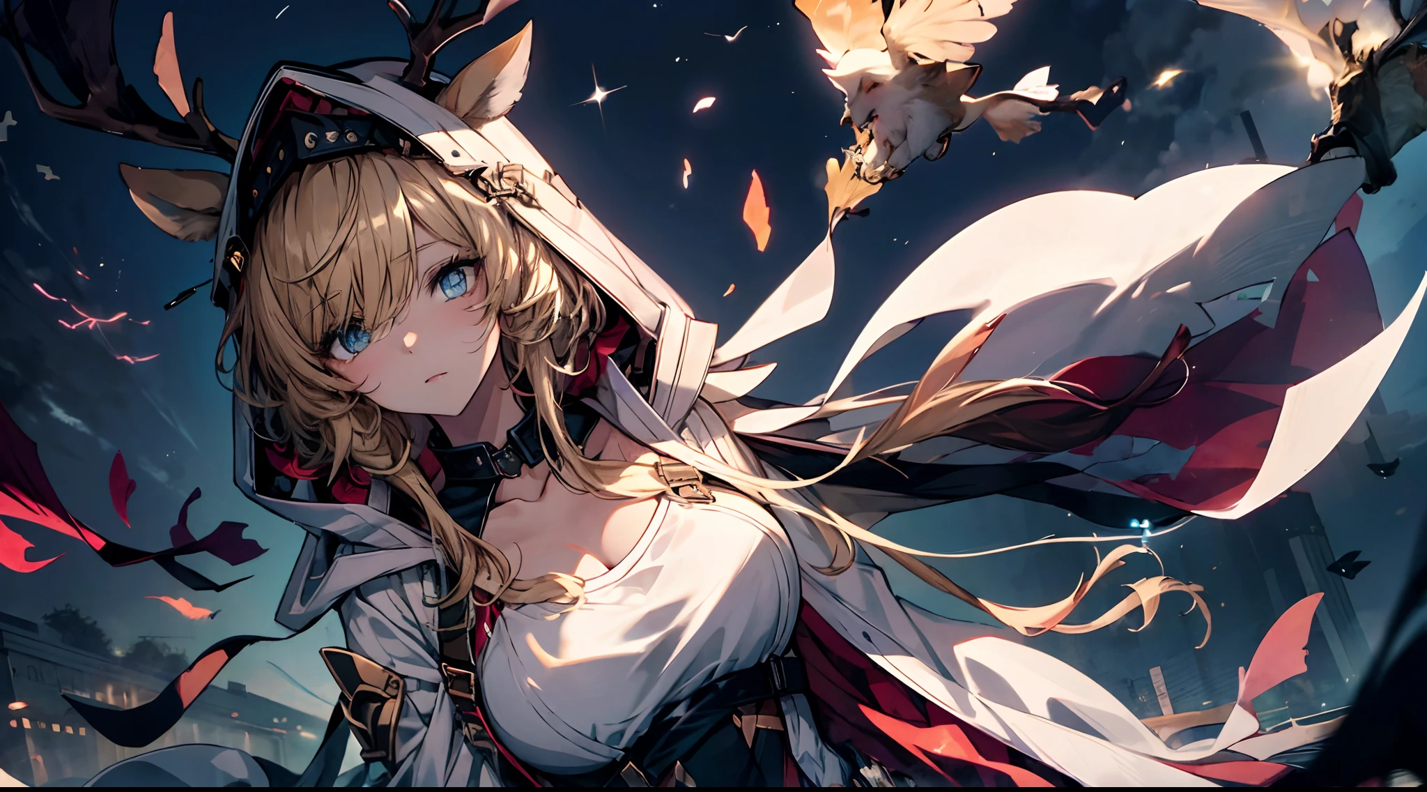 (Masterpiece), 1girll,Blue pupil, Extremely cute and cute, deep in the night, The wind is blowing, high view, Immerse yourself in the night, Float lightly above the sky.
