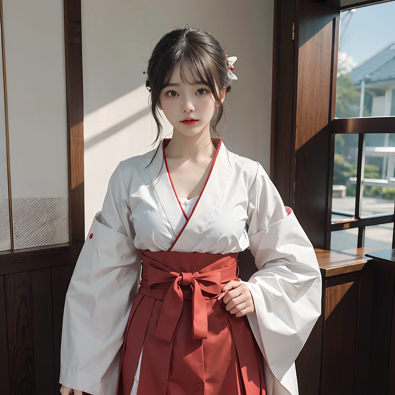 Woman in red skirt and white shirt is taking pictures, japanese girl school uniform, hakama kimono, Japan school uniform, Collar white and red, A Japanese style, Red kimono, Japanese style, traditional japanese, Wearing Hakama, japanese kimono,The background is indoors,The background is indoor,No bra,feet visible ,You can see the valley ,cleavage of the breast ,Furisode ,Wide sleeves ,Wearing a priestess uniform ,shoulders can be seen ,Shoulder skin is visible ,Shoulders exposed ,Chest revealed ,The chest is visible