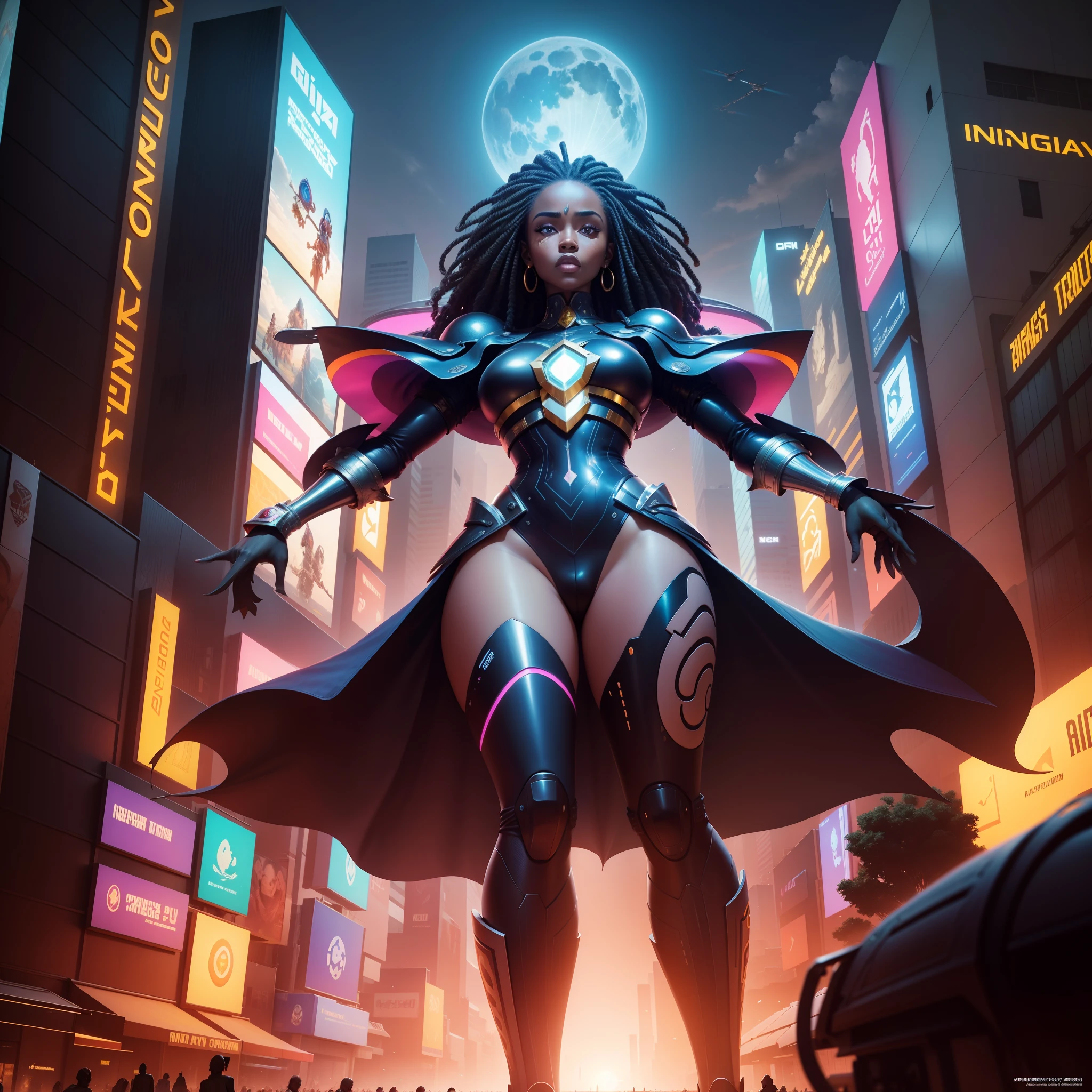 A wide angle shot of a futuristic African kingdom, with african designed sculptures and infrastructure, neon lit billboard buildings, flying cars in the area, drones in the sky, African people dressed in african designed clothes walking, time moon shining, with iridescent light, hyper-realistic image, 32k, ultra HD, cinematic lighting, artgerm style, highly detailed images, vibrant and beautiful colours,