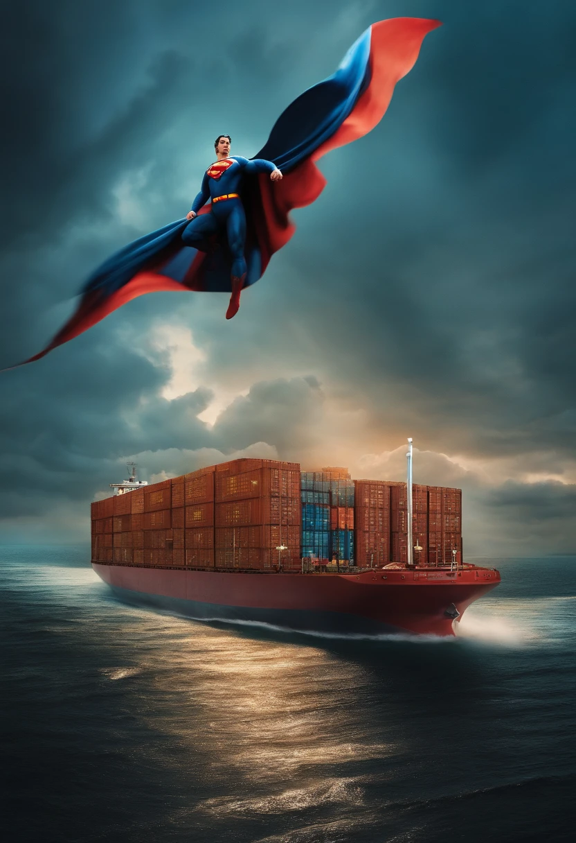 Superman riding a flying container ship