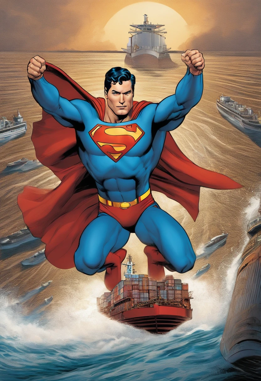 Superman riding a flying container ship
