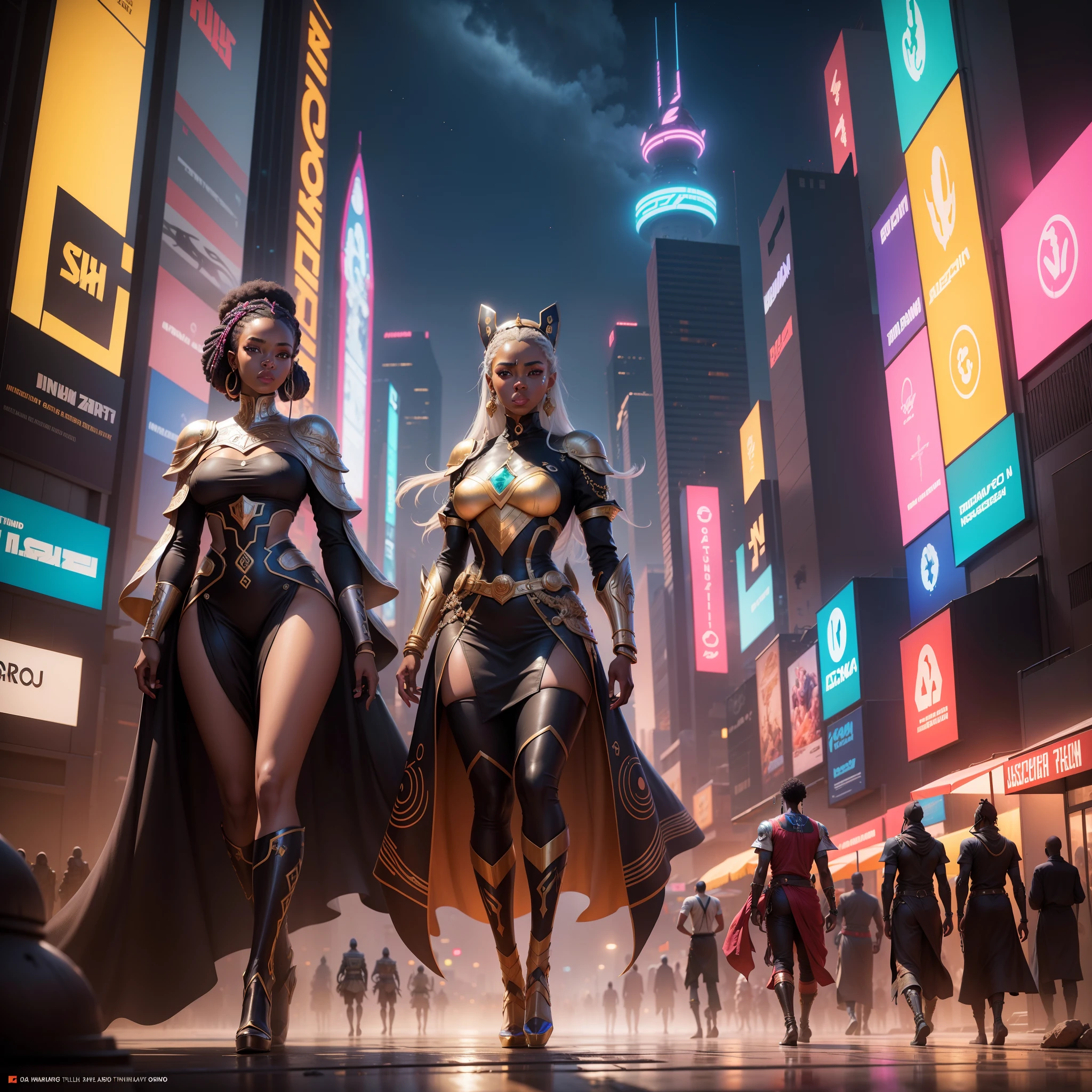 A wide angle shot of a futuristic African kingdom, with african designed sculptures and infrastructure, neon lit billboard buildings, flying cars in the area, drones in the sky, African people dressed in african designed clothes walking, time moon shining, with iridescent light, hyper-realistic image, 32k, ultra HD, cinematic lighting, artgerm style, highly detailed images, vibrant and beautiful colours,