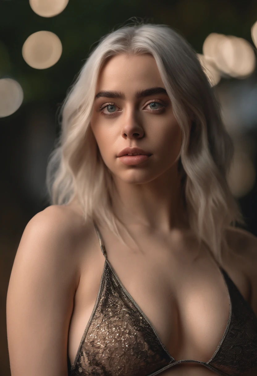 Billie Eilish wearing a bikini, nsfw, realistic, photorealistic, natural skin, big breast, high quality, beautiful eyes, (detailed face and eyes), real photo, PSD, lamp film photography, sharp focus, contrast lighting, detailed skin, high resolution 8k, crazy detail, realistic, professional photography, 8k UHD, SLR camera, soft lighting, high quality, film grain, Fujifilm XT3