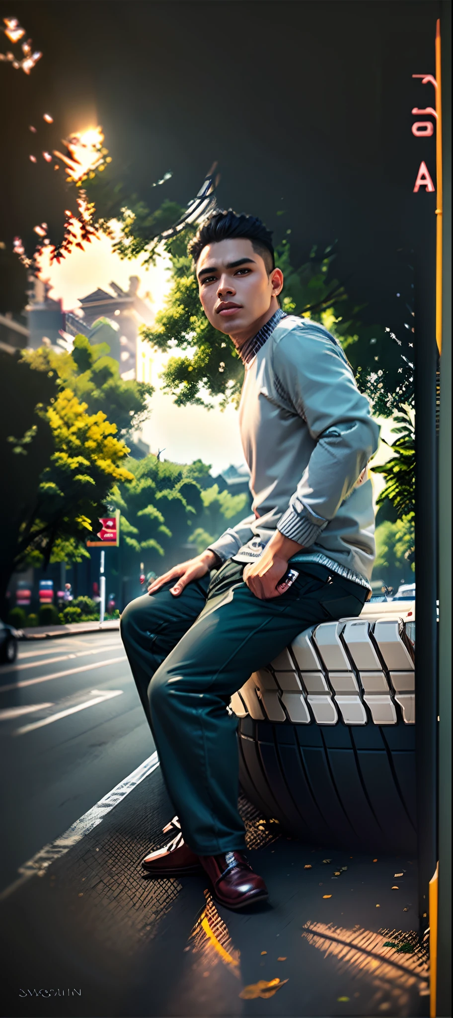there is a man sitting on a yellow and black fire hydrant, casual photography, street pic, by Abidin Dino, with a cool pose, potrait, photograpgy, photography portrait, high quality upload, inspired by Rudy Siswanto, candid picture, style of ade santora, casual pose, sittin, shot on nikon z9, photography shot,there is a man wearing sunglasses sitting in front of a bus, inspired by Bikash Bhattacharjee, jayison devadas style, with accurate face, assamese aesthetic, facebook post, jayison devadas, facebook profile picture, inspired by Saurabh Jethani, with a cool pose, candid picture, riyahd cassiem,Best quality, 1024k, 1024k, perfect body, ultra detailed face, , detailed eyes handsome boy, realistic face, ultra realistic,