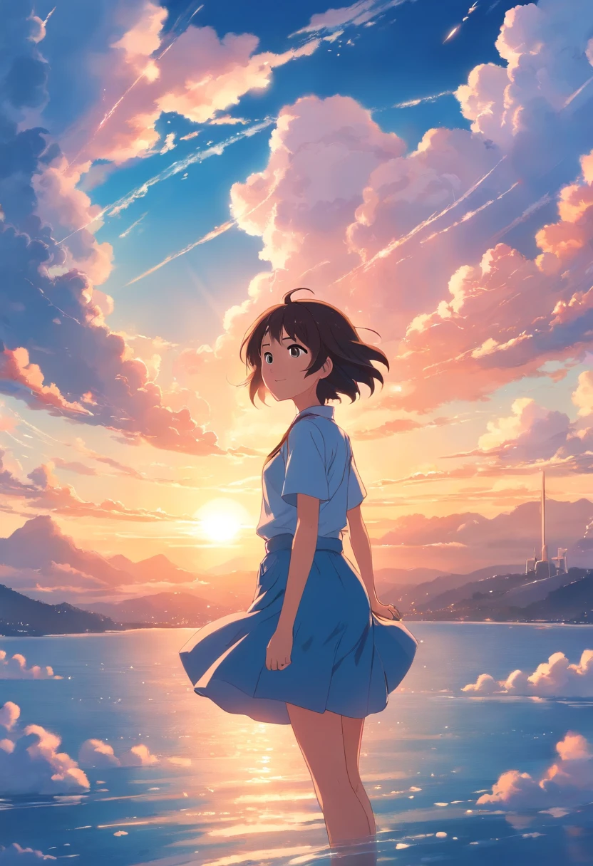 masterpiece, best quality, movie still, 1girl, cloud girl, floating in the sky, close-up, bright, happy, warm soft lighting, sunset, (sparks:0.7)