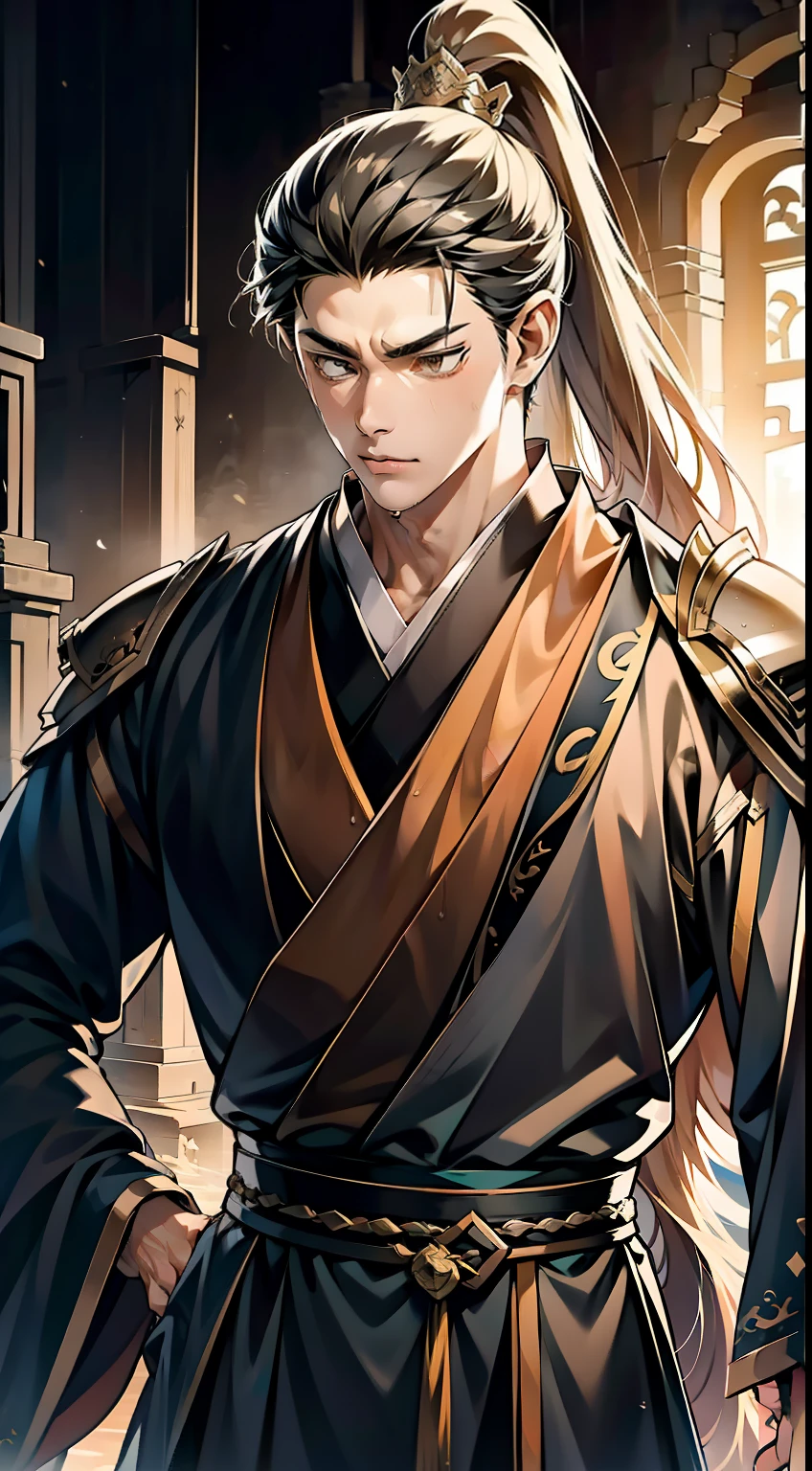 quadratic element,style of anime,mtu(Male Warrior),The proportions are correct,Face details,swordsmen,High ponytail hairstyle,Neck details,There is an Adam's apple,Black Hanfu,kaftan,Embroidered robes,Black robe,clothes details,Handing over,longer sleeves,Game quality,Swordsmanship,Light and shadow tracking,Ray traching,detailed glow,cg render,hair detail,cabelos preto e longos,Black eyes,Handsome,Handsome,(juvenile sense),Clothing is complicated,Perfectcomposition,Refinement,high qulity,higher details,Lots of details,The background is complex,a sense of atmosphere,