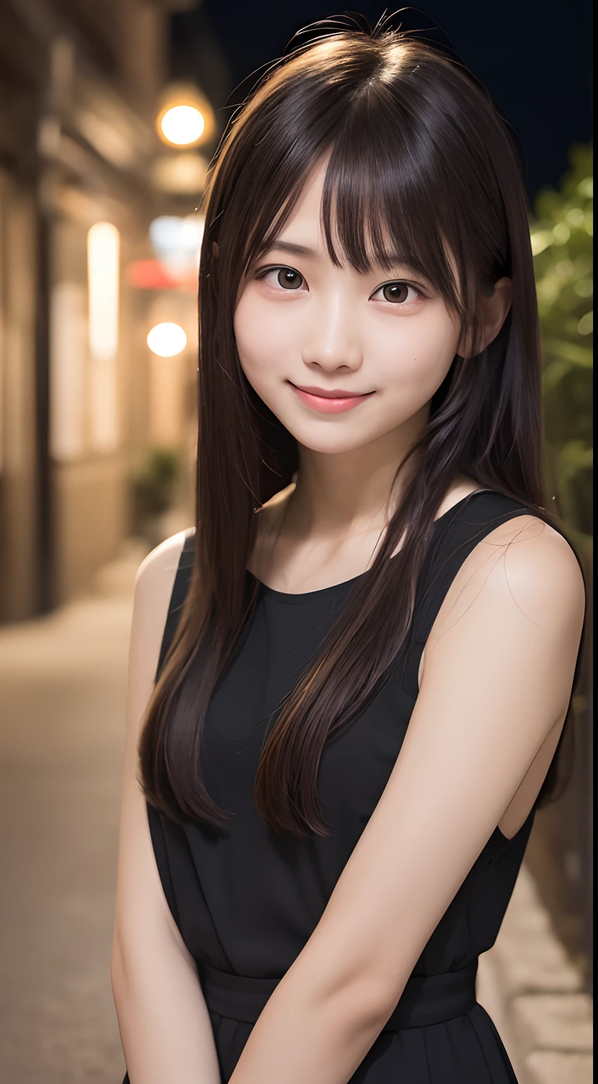 masutepiece, Best Quality, 8K, 15yo student, Teen, Raw photo, absurderes, award winning portrait, Smile, Smile, Solo, Night, neons, Idol face, violaceaess, gardeniass, Delicate girl, Upper body, Digital SLR, Looking at Viewer, Candid, Sophisticated, zora々Right, Thin arms, Professional Lighting, Film grain, chromatic abberation, (Eyes and faces with detailed:1.0), (Bokeh:1.1)