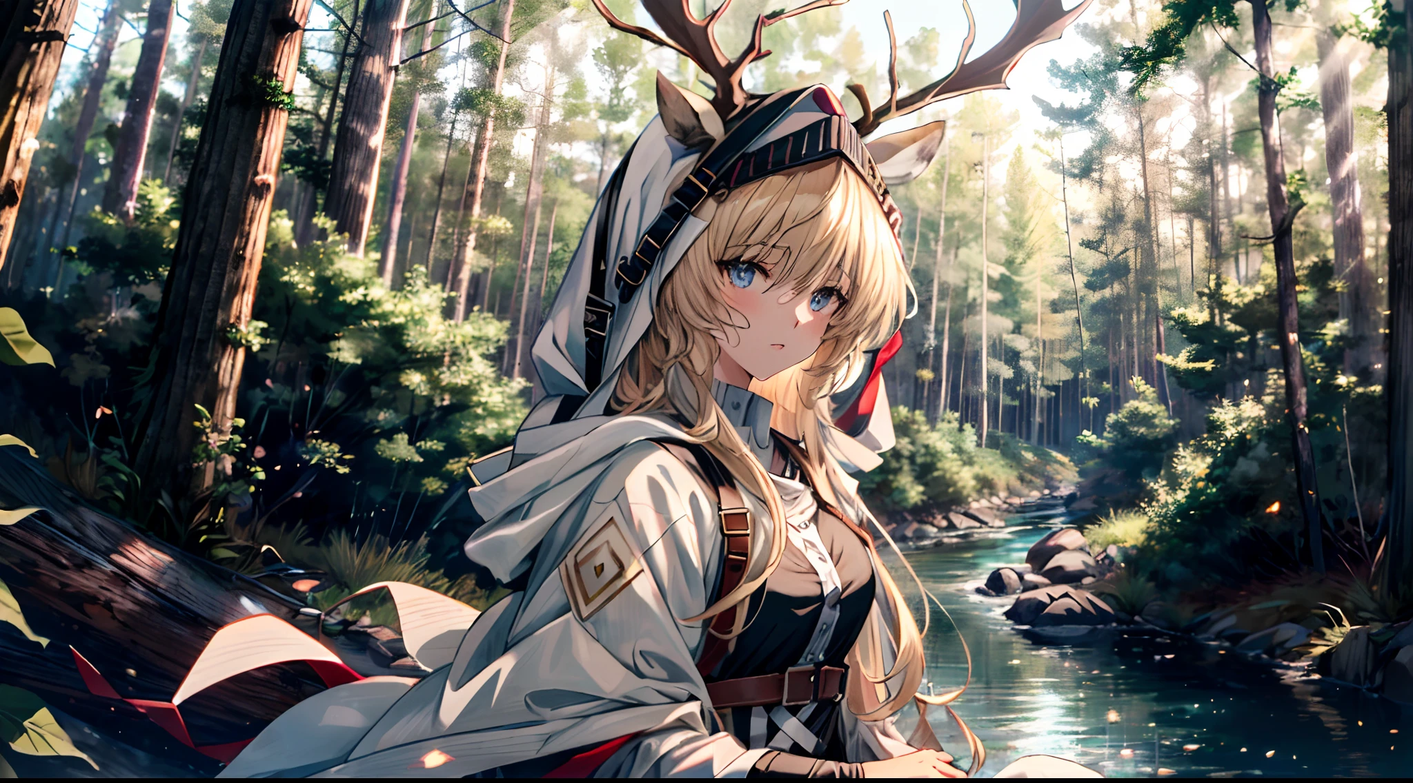(((Masterpiece))),(incredibly_absurderes),(Best quality),(A high resolution),(Highly detailed),((CG unity 8k wallpaper)), ((Best quality)), 8K, high detal, Ultra-detailed, Detailed and intricate, 1girll, blond hairbl, shirt, River, forest, vivd colour,