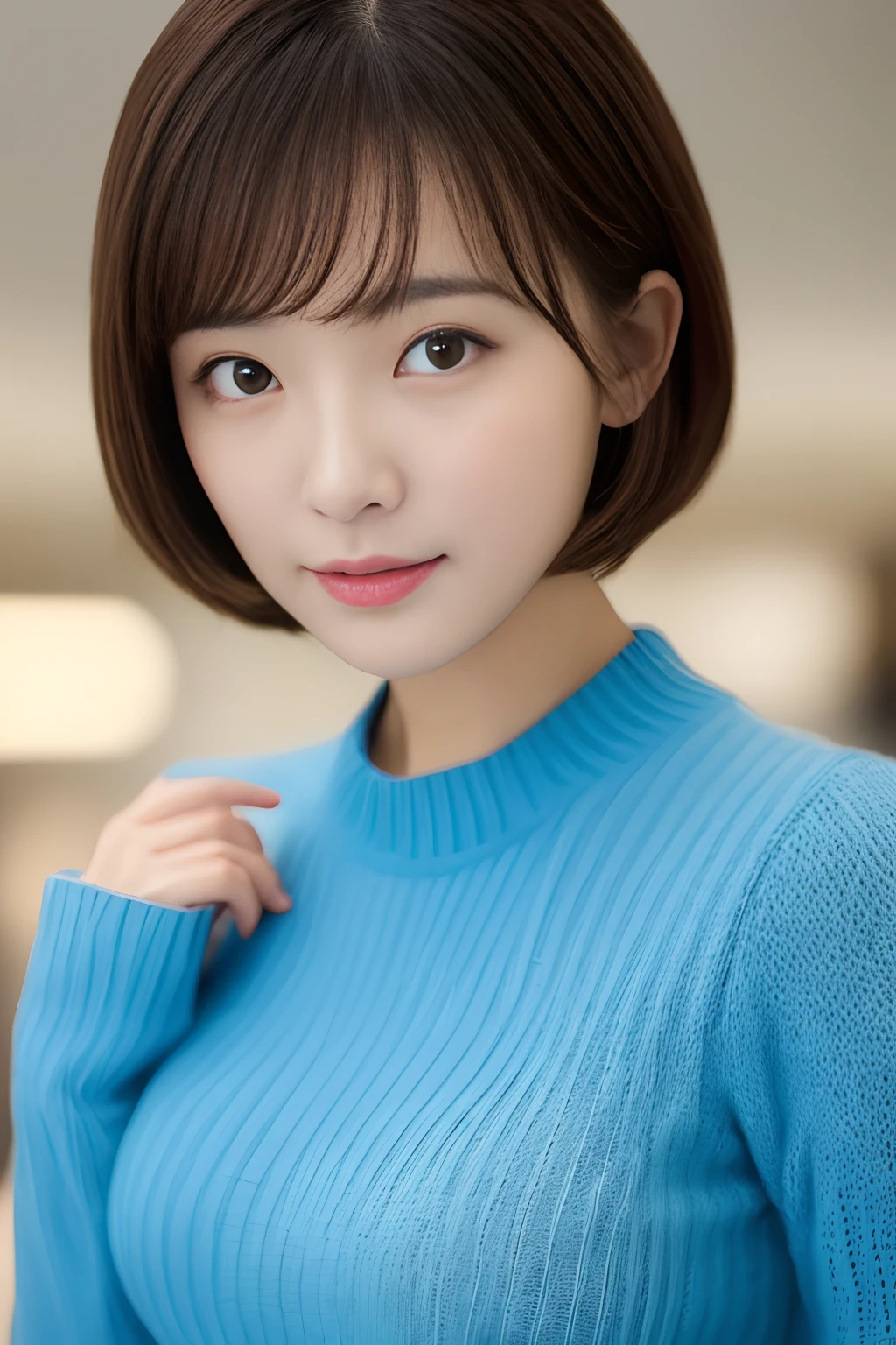 photo of a Young girl,Indoors in shopping malls, Rim lighting, studio lights, Looking at the camera, Digital SLR, ultra-quality, Crisp focus, Sharp tags, degrees of freedom, grain of film, FUJI XT3, Crystal clear, 8K UHD, highly detailed glossy eyes, highly detailedskin, Skin pores,pale skin,Short Hair Hair,Blonde hair,Full body, ((masutepiece)), ((Best Quality)), ((hight resolution)), ((the Extremely Detailed CG Unity 8K Wallpapers)), Blonde and sidewave shortcuts,Close up portrait of woman in blue dress, pale-blue, opened dress, captivating and enticing, Icy Blue Dress, Light blue, Sexy Girl, Blue sweater, Revealing clothes, sexy dress, hot petite, amouranth, sky - blue dress, in blue dress, Open V chest clothes, Blue clothes