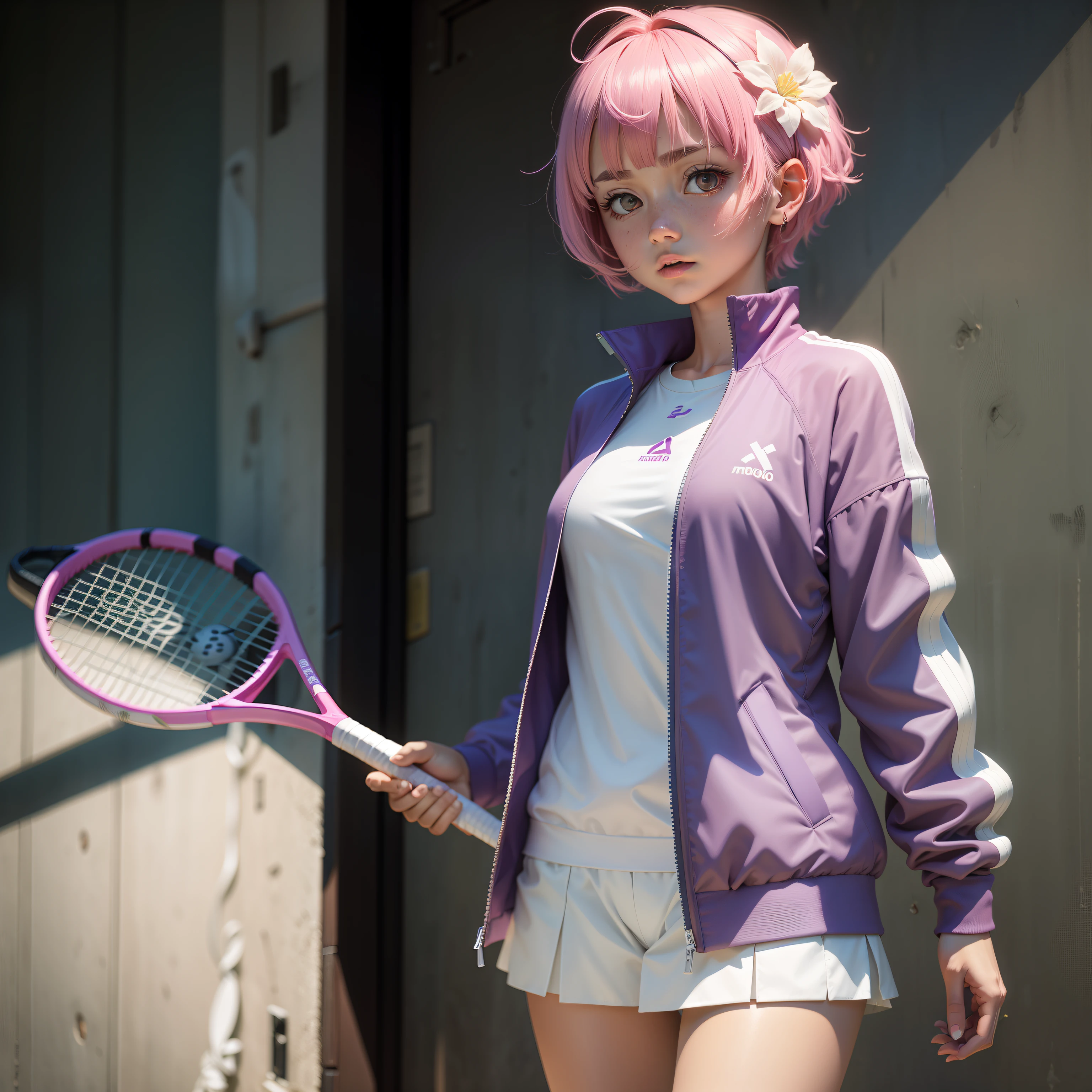 tennis coat,PH Momo, momohd, phmomo, Solo, 1girl in, Pink hair, Purple eyes, Short hair, Hair Flower, Wear tennis wear, Big eyes, embarrassed,Holding a tennis racket in his right hand,The left hand does not hold anything,