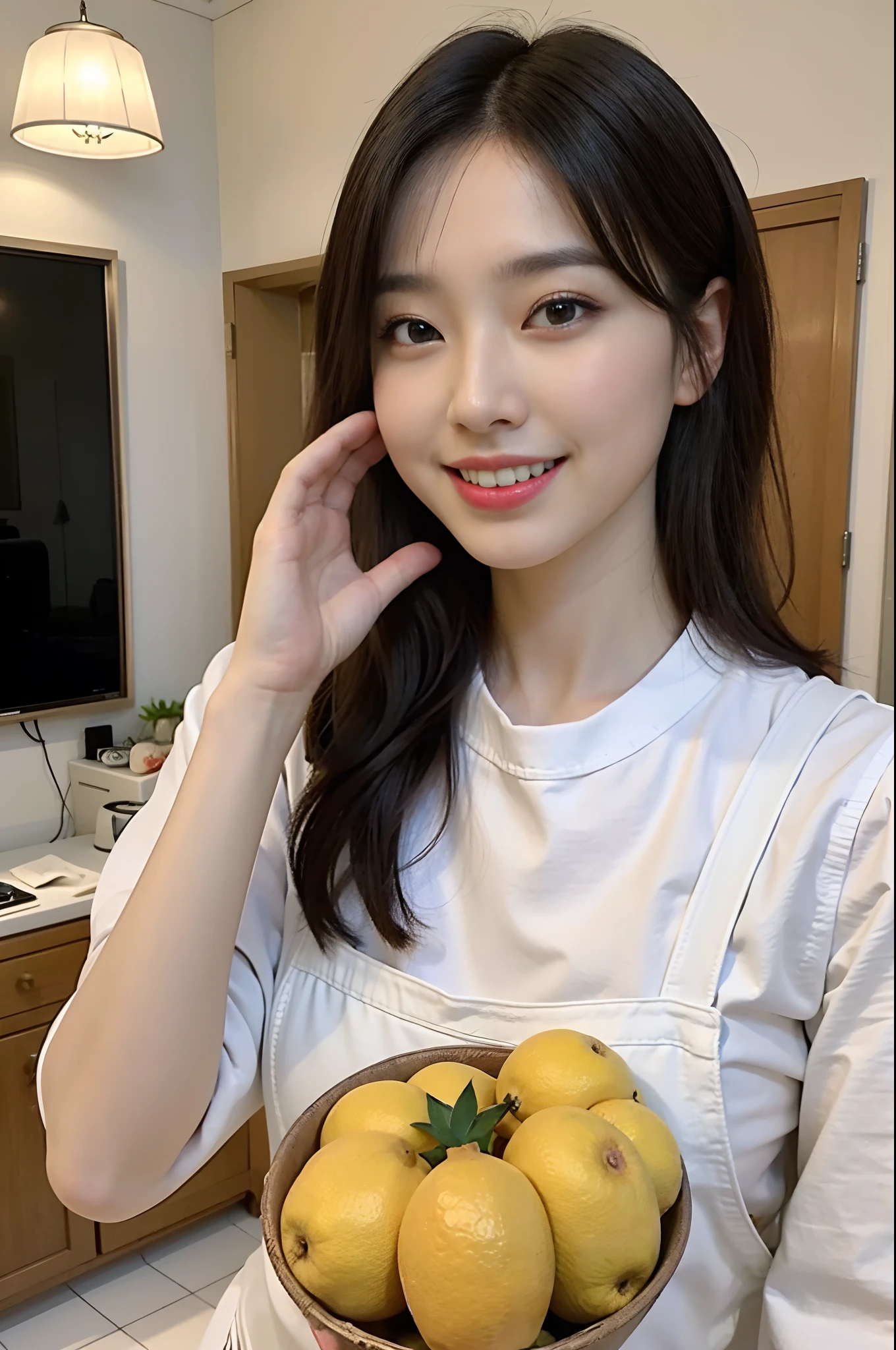 a woman is cooking、(kitchin_Apron:1.Wear 3)、Good Hand、4K、hight resolution、​masterpiece、top-quality、Cap:1.3、((Hasselblad photo))、Fine skin、foco nítido、(lighting like a movie)、Soft lighting、dynamic ungle、[:(详细的脸:1.2):0.2]、Medium chest、sweats streamed skin:1.2、(((In the kitchen))) A smile　Beautiful profile　Colossal tits　Beautiful body　Tying hair　Wide background々and a luxurious living room　Luxurious and luxurious living　Luxurious living room　Beautiful living room　Beautiful living room　A smile　an orange　lemons　A smile　Laughing　banana in　pineapple　Luxurious room