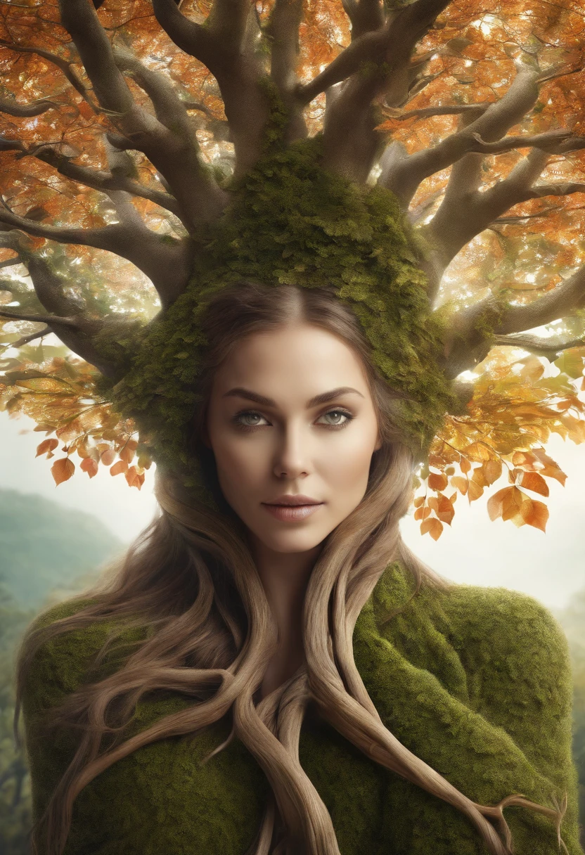 close up, Arbomorph A hug of woman face turn into a leafy tree, with roots as legs, branches like arms, some leaves fly on a white background,l
