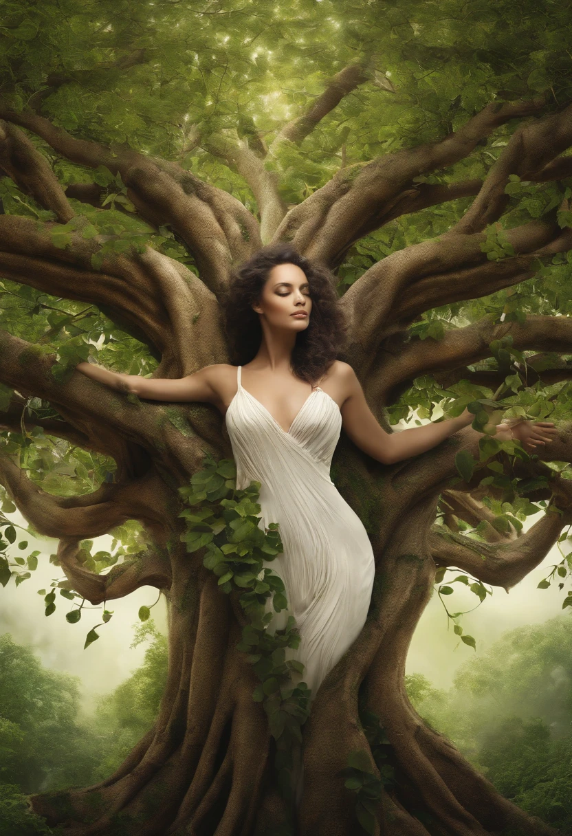close up, Arbomorph A hug of woman face turn into a leafy tree, with roots as legs, branches like arms, some leaves fly on a white background,l