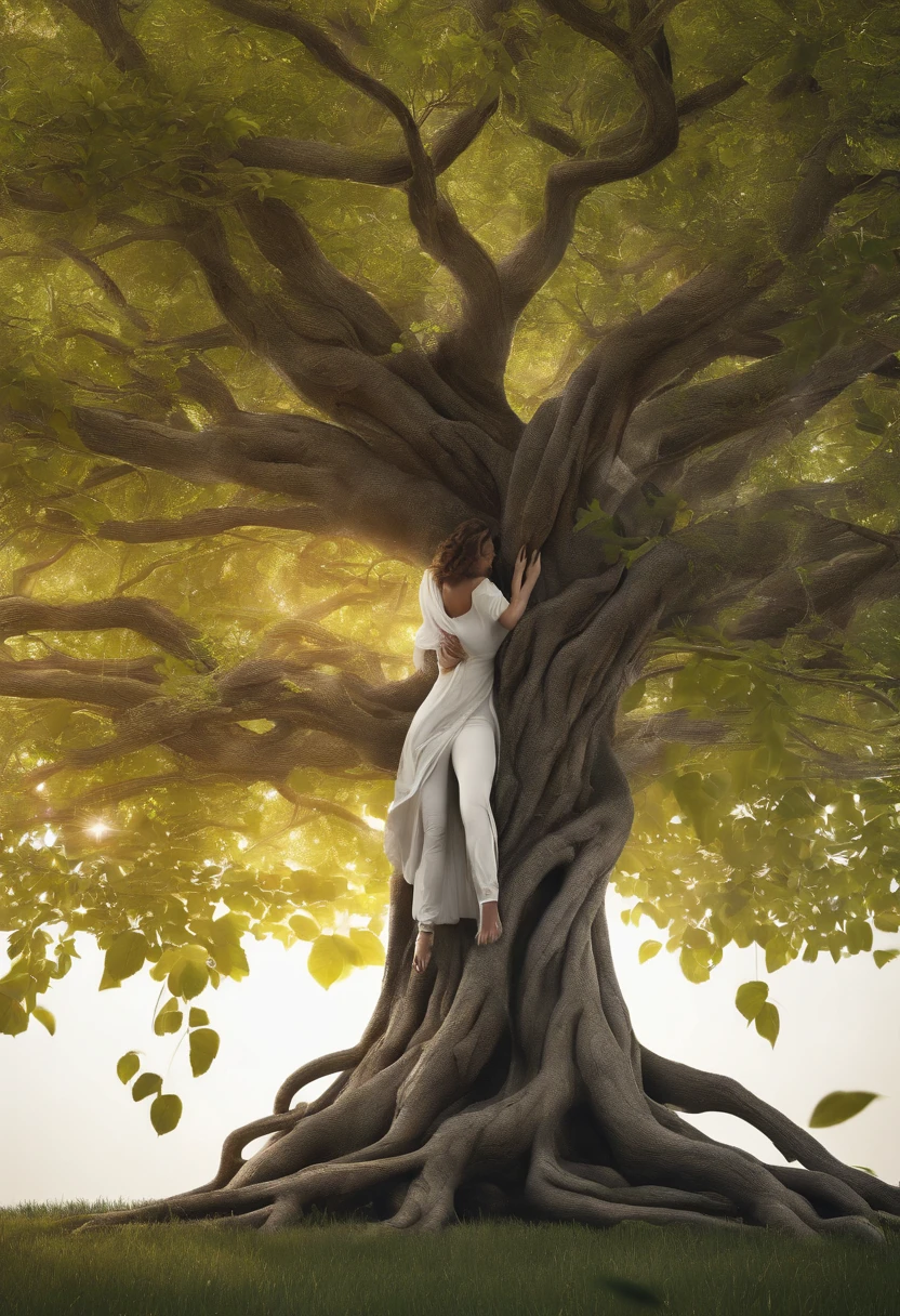 close up, Arbomorph A hug of woman face turn into a leafy tree, with roots as legs, branches like arms, some leaves fly on a white background,l