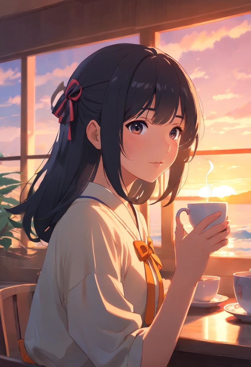 masterpiece, best quality, movie still, 1girl, black hair, hair tied by a ribbon, drinking tea, room background, close-up, bright, happy, warm soft lighting, sunset, (sparks:0.7)