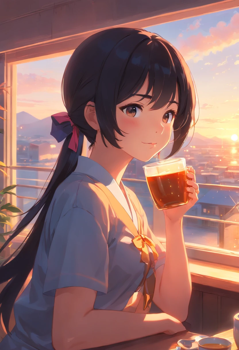 masterpiece, best quality, movie still, 1girl, black hair, hair tied by a ribbon, drinking tea, room background, close-up, bright, happy, warm soft lighting, sunset, (sparks:0.7)