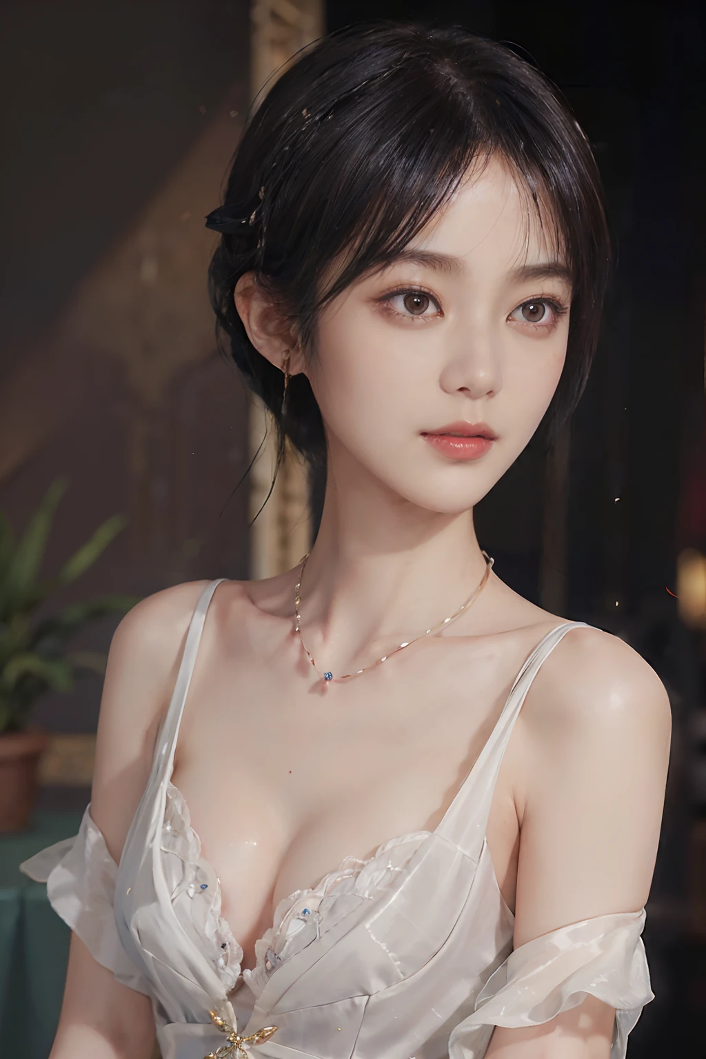 ((1womanl)), (((Black shorthair))), (masuter piece:1,3)、top-quality、masterpiece、hight resolution、Original、highly detailed wallpaper、dress code、Luxurious necklace, A slight smil、a small face、(Breast)、(Light on Face)、Live-action style, Beautiful facial features, darkened room, ((Hu Dilan))