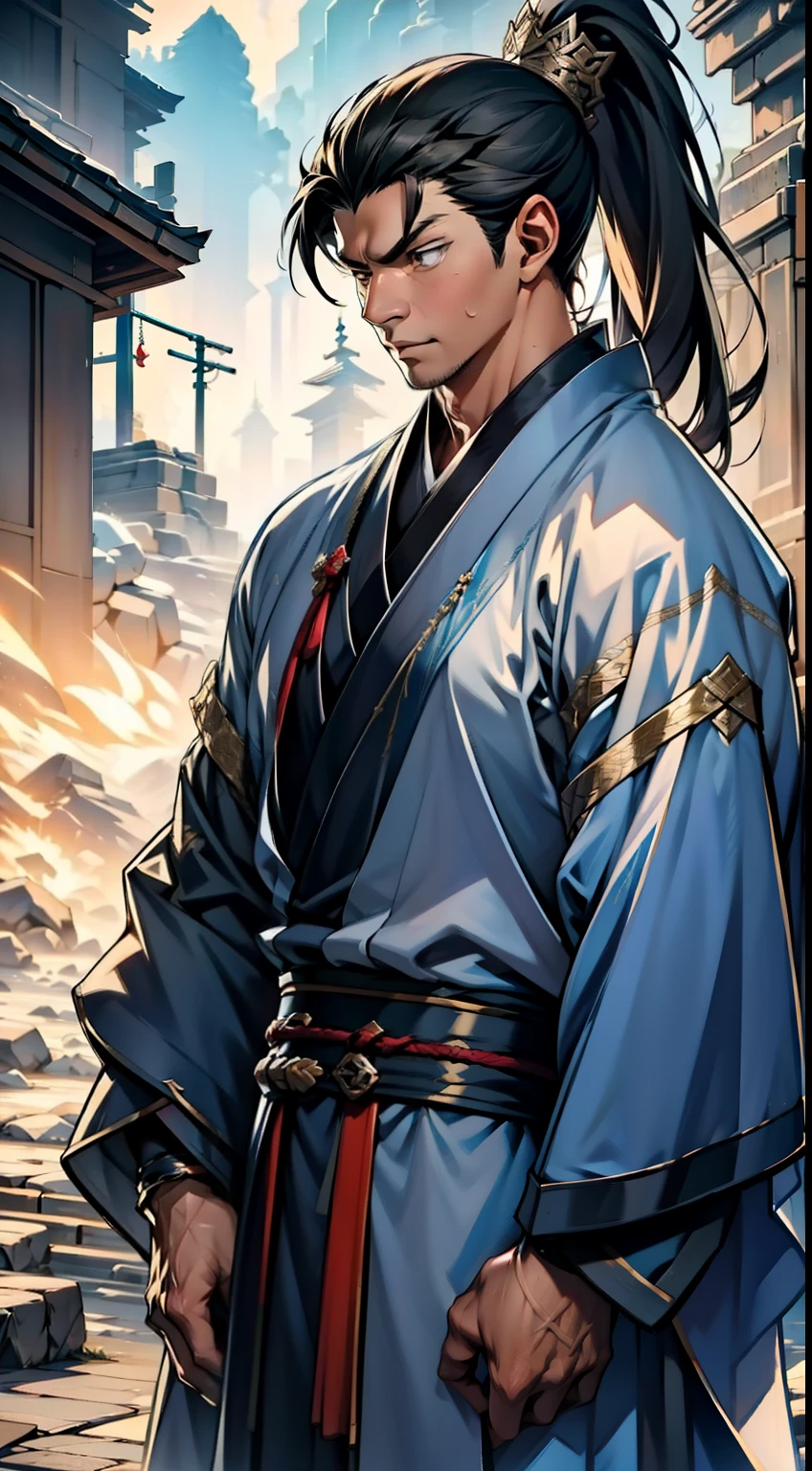 quadratic element，style of anime，mtu（Male Warrior），The proportions are correct，Face details，swordsmen，High ponytail hairstyle，Neck details，There is an Adam's apple，Black Hanfu，kaftan，Embroidered robes，Black robe，clothes details，Handing over，longer sleeves，Game quality，Swordsmanship，Light and shadow tracking，Ray traching，detailed glow，cg render，hair detail，cabelos preto e longos，Black eyes，Handsome，Handsome，（juvenile sense），Clothing is complicated，Perfectcomposition，Refinement，high qulity，higher details，Lots of details，The background is complex，a sense of atmosphere，