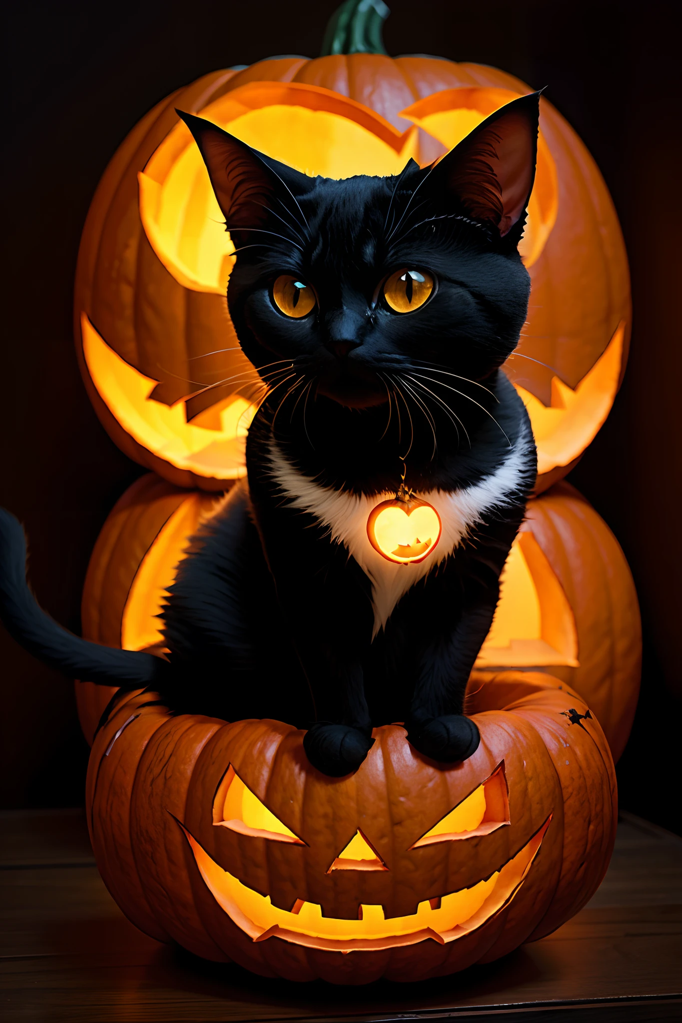 There is a black cat sitting on top of a pumpkin - SeaArt AI