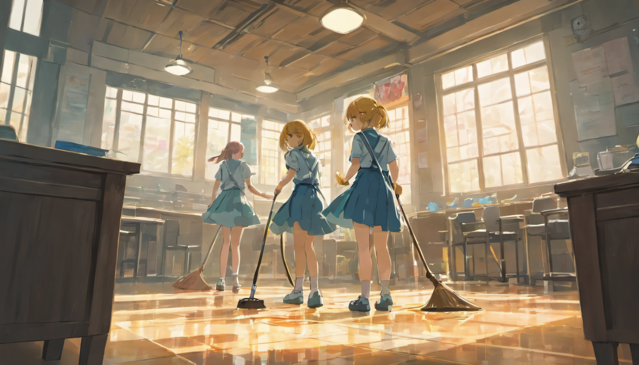 2 girls Classroom Uniform Mopping floor sweeping Window cleaning Cleaning