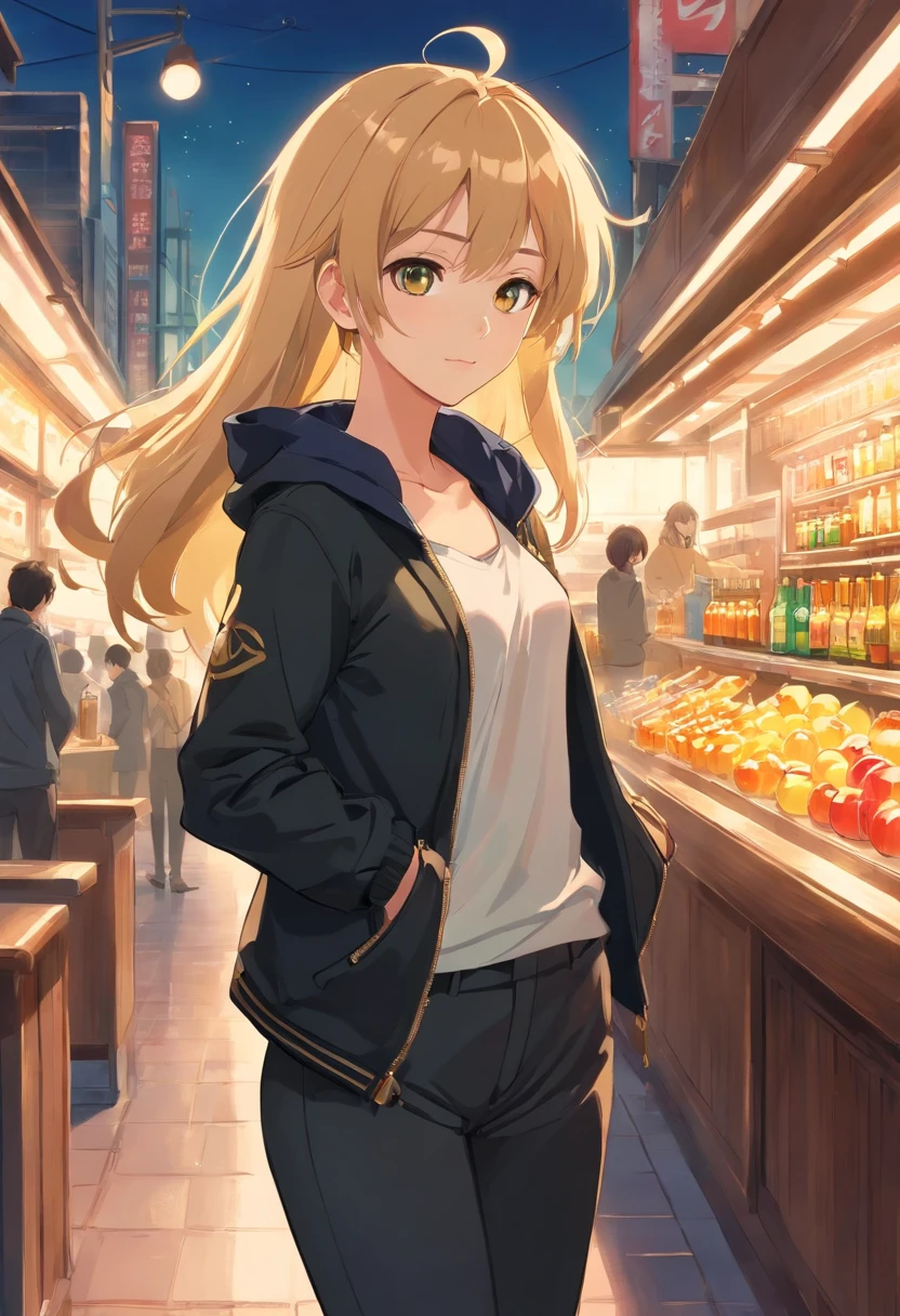 1 girl, Somersby theme, Somersby style, golden long hair, black jacket, long pants, apple cider