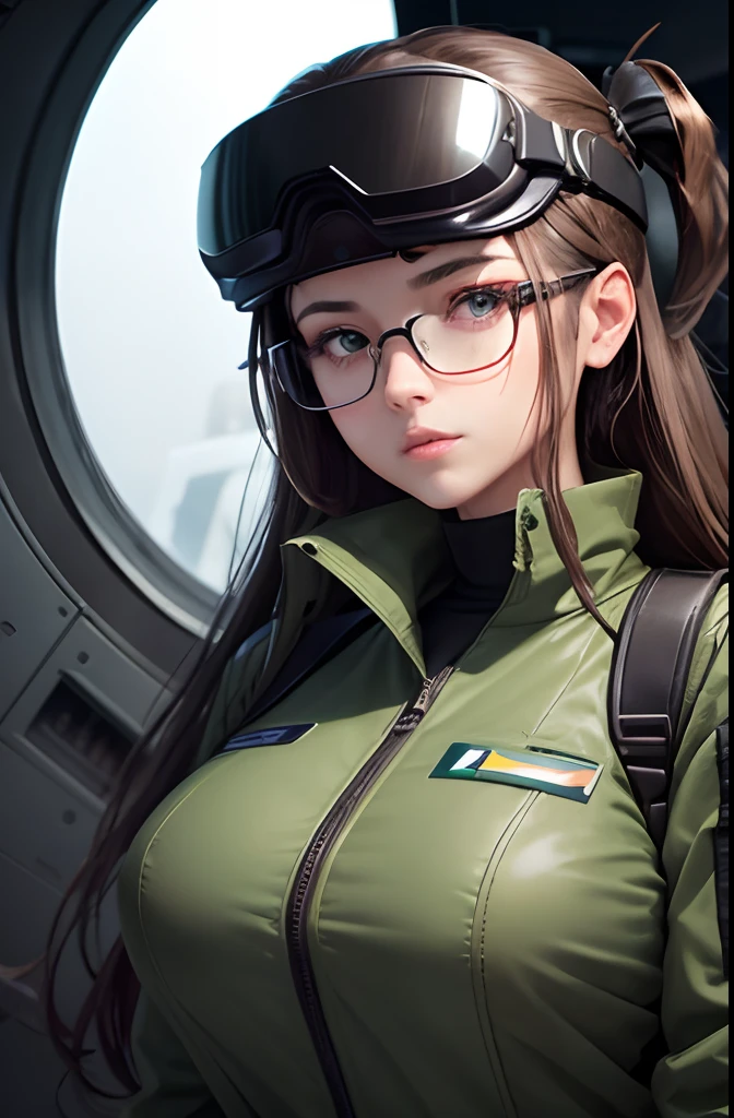 Woman in pilot uniform,  Wearing very large futuristic VR goggles on your head、Female Inventor, the hair on the head is dark brown, The hair on the head is tied into one, Big eyes、eyes are light brown, Large black-rimmed glasses, Freckles on the cheeks, Please wear an army green color flight jacket , The skin color is tanned dark brown