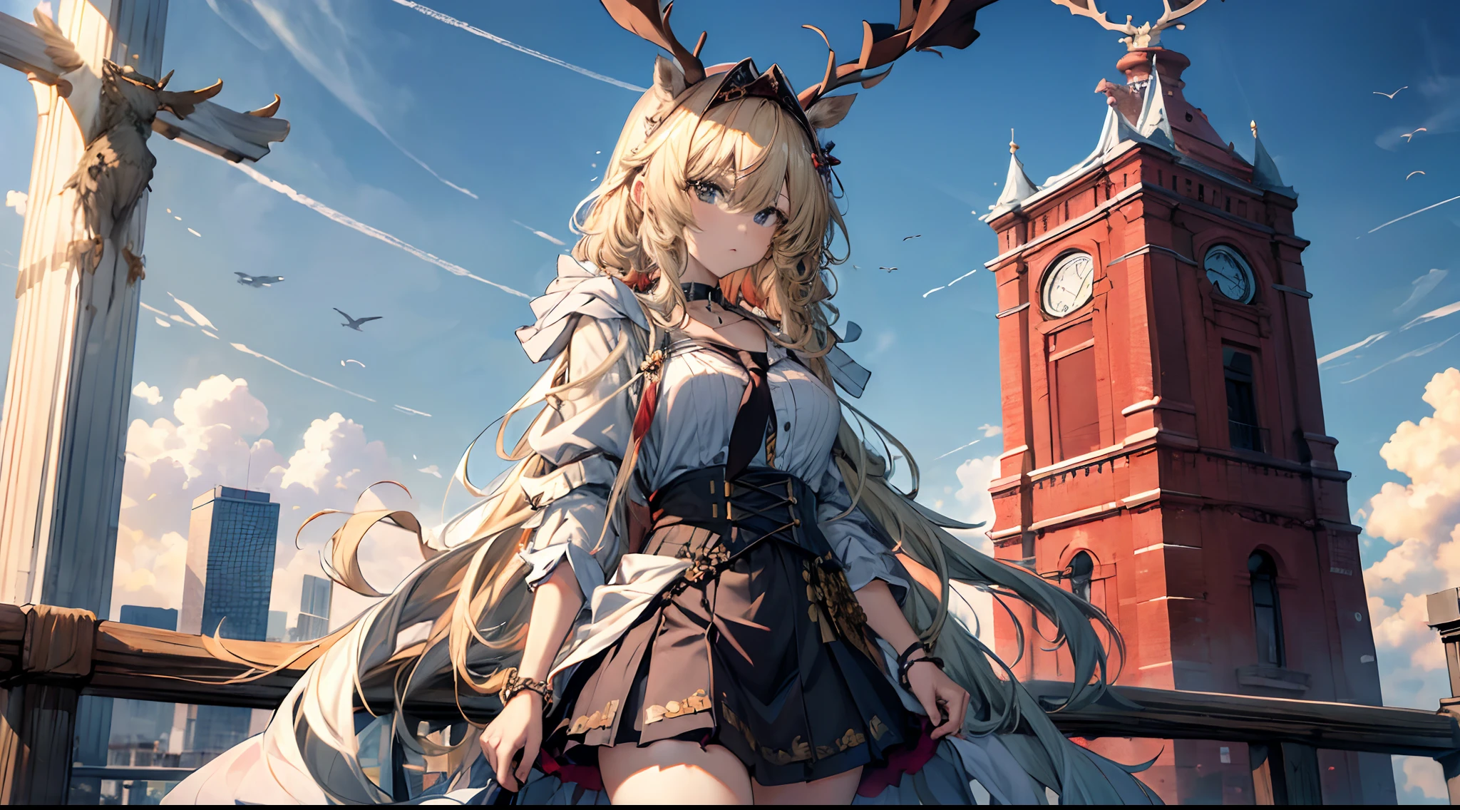 (((Masterpiece))),(incredibly_absurderes),(Best quality),(A high resolution),(Highly detailed),((CG unity 8k wallpaper)),Best quality at best,tmasterpiece,1girll,blond hairbl,messy hair,curly_Hair,The shirt,a skirt,kawai,JK,Red_bow,Wrist watch,choker necklace,view over city,Original photo of 8K,超高分辨率,highest details,复杂,8K,hdr,