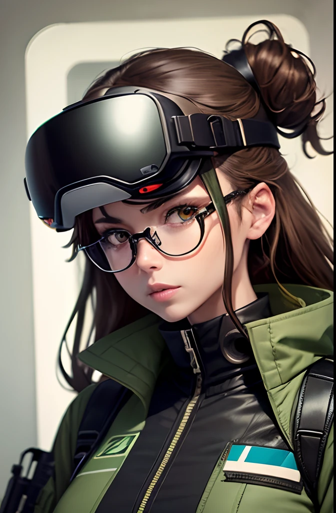 Woman in pilot uniform, Wearing very large futuristic VR goggles on your head、Female Inventor, the hair on the head is dark brown, The hair on the head is tied into one, Big eyes、eyes are light brown, Large black-rimmed glasses, Freckles on the cheeks, Please wear an army green color flight jacket , The skin color is tanned dark brown