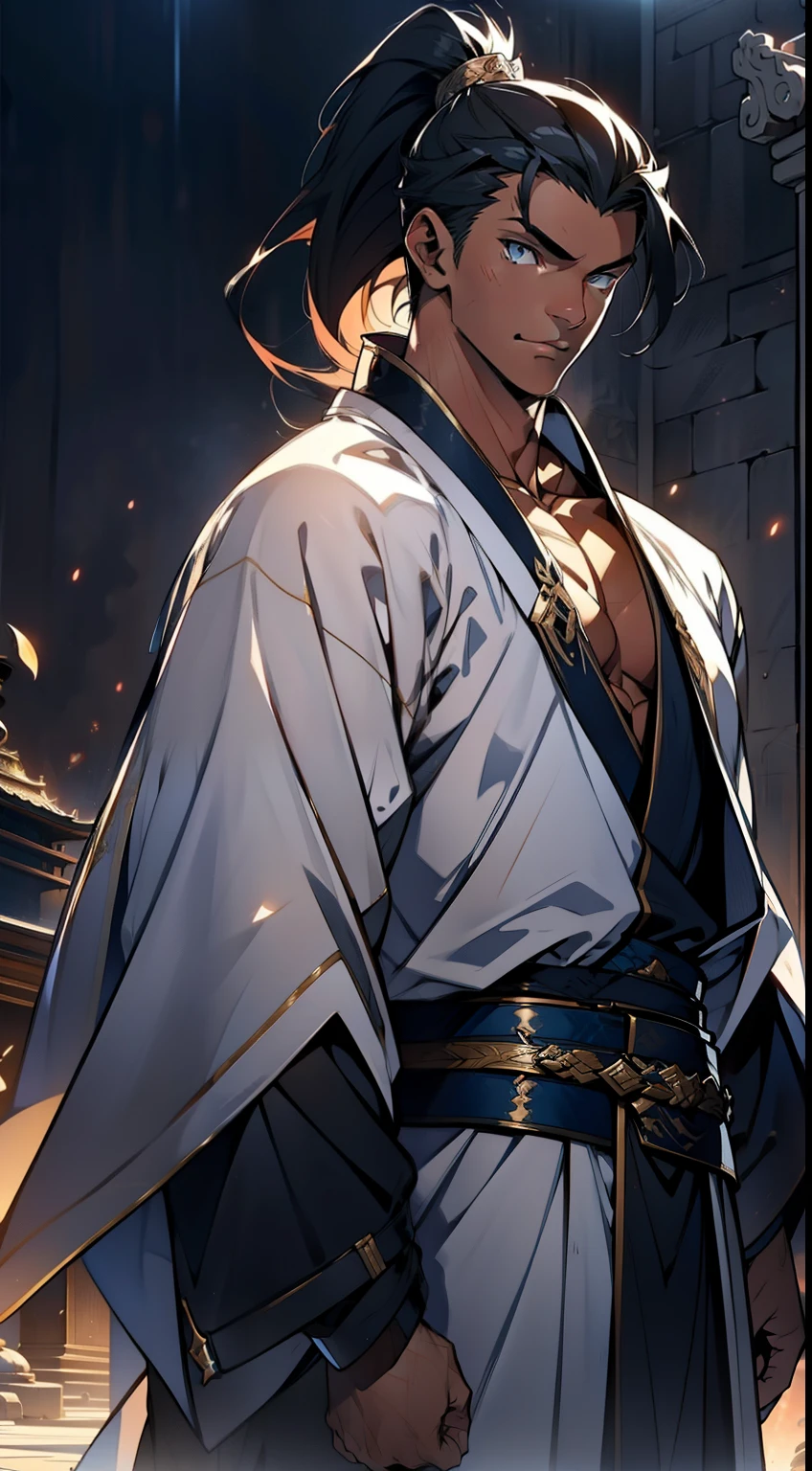 quadratic element,style of anime,mtu(Male Warrior),The proportions are correct,Face details,swordsmen,High ponytail hairstyle,Neck details,There is an Adam's apple,White robe,kaftan,long white robe,clothes details,Handing over,longer sleeves,Game quality,Swordsmanship,Light and shadow tracking,Ray traching,detailed glow,cg render,hair detail,cabelos preto e longos,blue colored eyes,Handsome,Handsome,(juvenile sense),Clothing is complicated,Perfectcomposition,Refinement,high qulity,higher details,Lots of details,The background is complex,a sense of atmosphere,