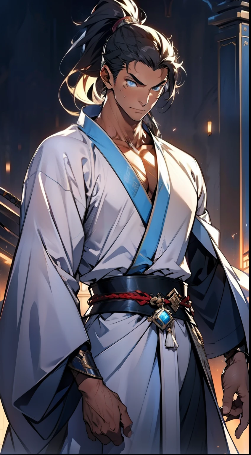 Two dimensions,anime style,one person(male warrior),proportions are correct,facial details,swordsman,high ponytail hairstyle,neck detail,Have an Adam's apple,White robe,joke,white robe,clothing details,transfer,long sleeves,Game quality,fencing,Ray tracing,Ray tracing,Detailed glow,CG rendering,hair details,long white hair,blue eyes,Handsome,Handsome,(Youthful feeling),Clothing is complicated,Perfect composition,refine,high quality,higher details,many details,Complex background,a sense of atmosphere,