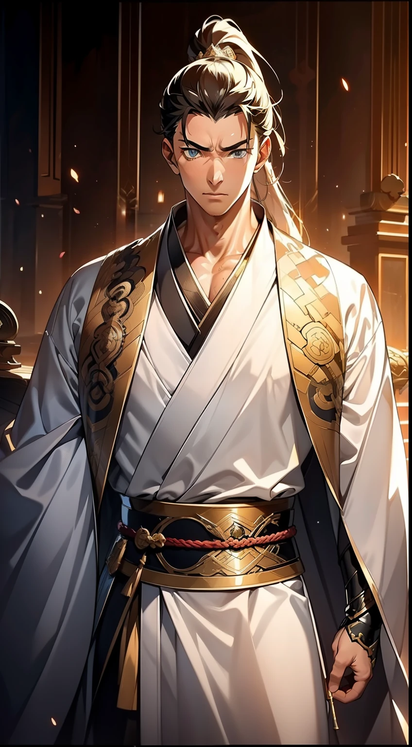 quadratic element,style of anime,mtu(Male Warrior),The proportions are correct,Face details,swordsmen,High ponytail hairstyle,Neck details,There is an Adam's apple,White robe,kaftan,long white robe,clothes details,Handing over,longer sleeves,Game quality,Swordsmanship,Light and shadow tracking,Ray traching,detailed glow,cg render,hair detail,cabelos preto e longos,blue colored eyes,Handsome,Handsome,(juvenile sense),Clothing is complicated,Perfectcomposition,Refinement,high qulity,higher details,Lots of details,The background is complex,a sense of atmosphere,